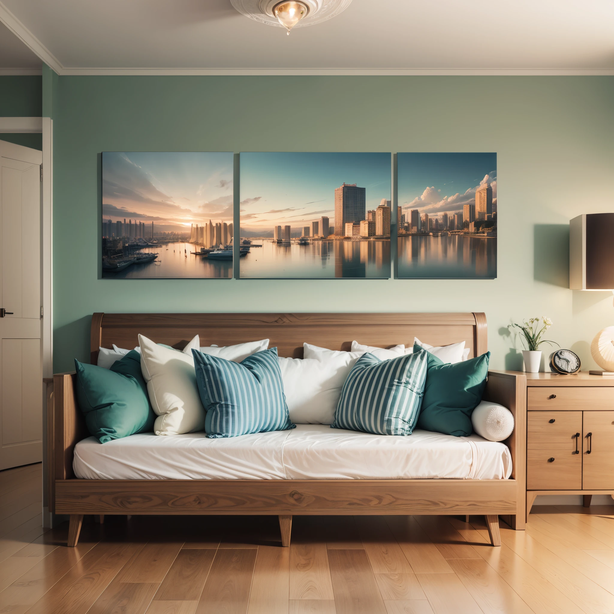 A newly renovated room with first-person views, panoramic views, a row of sofas, a dining room next to it, beautifully decorated paintings on the walls, framed, clear and clean, bright colors, and then next to the bedroom, clean and tidy bed, bed wall hanging fine decorative painting, there are borders, the picture is clear, clean, bright colors, Light-colored soft furnishings department, add a little bright, so that the overall feel to avoid rigid,Element is simple,high-definition photos --auto --s2