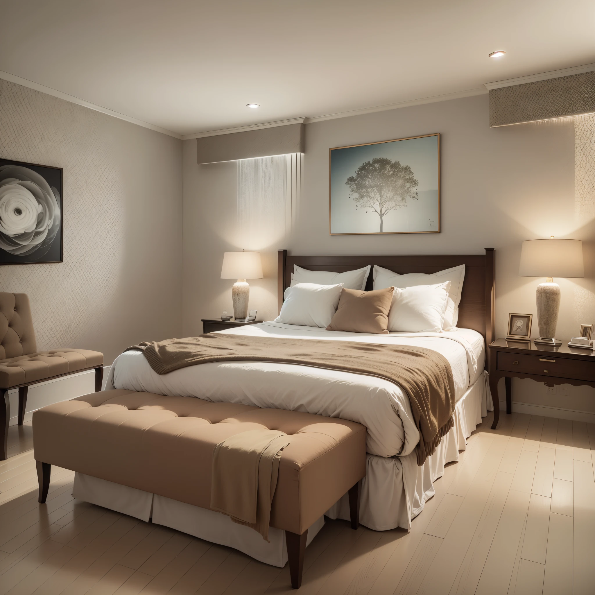 A newly renovated room with first-person views, panoramic views, a row of sofas, a dining room next to it, beautifully decorated paintings on the walls, framed, clear and clean, bright colors, and then next to the bedroom, clean and tidy bed, bed wall hanging fine decorative painting, there are borders, the picture is clear, clean, bright colors, Light-colored soft furnishings department, add a little bright, so that the overall feel to avoid rigid,Element is simple,high-definition photos --auto --s2