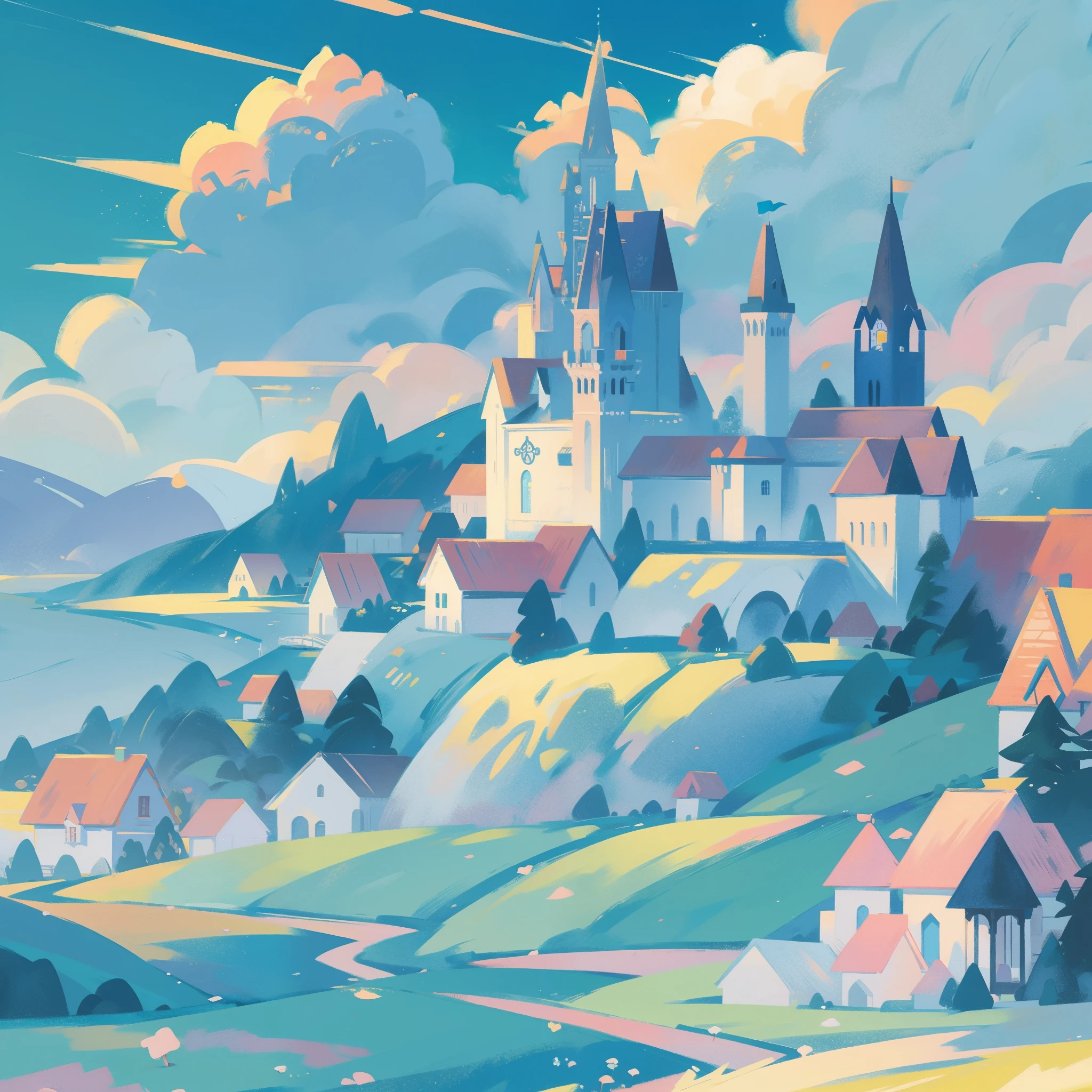 picture book illustration, watercolor storybook illustration, princess castle, fairytale castle, fairytale towers, clouds, vibrant pastel colors, dream, colorful, whimsical, magical, masterpiece, best quality, sharp focus, intricately detailed environment, fine detail, 8k resolution