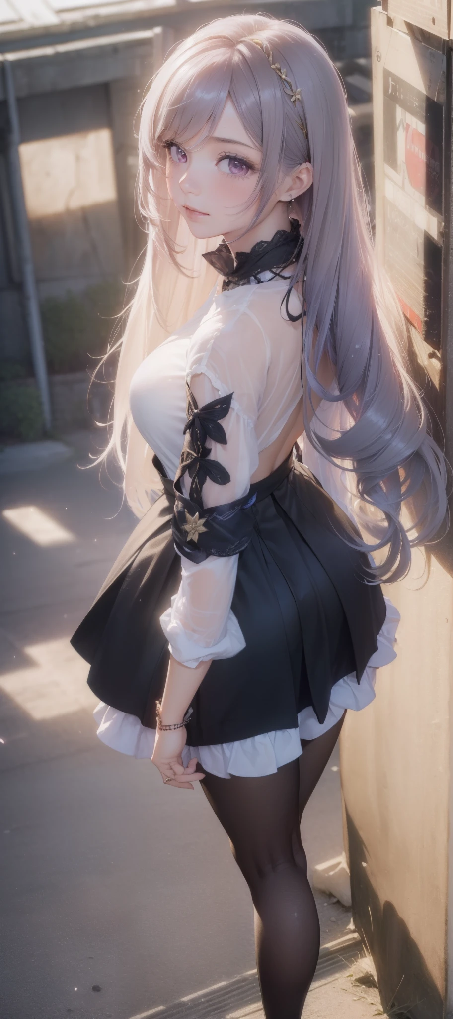 (1girl:1.3), (photorealistic:1.4), (masterpiece, top quality, best quality, official art), extreme detailed, highest detailed, (ultra-detailed), ((an extremely delicate and beautiful)), cinematic light, contemporary,
silky long hair,
she standing at the station, in evening,
shirt, long skirt, pantyhose,
upper body, from above,
shy, blush, (looking back:1.4), (skirt lift:1.4),