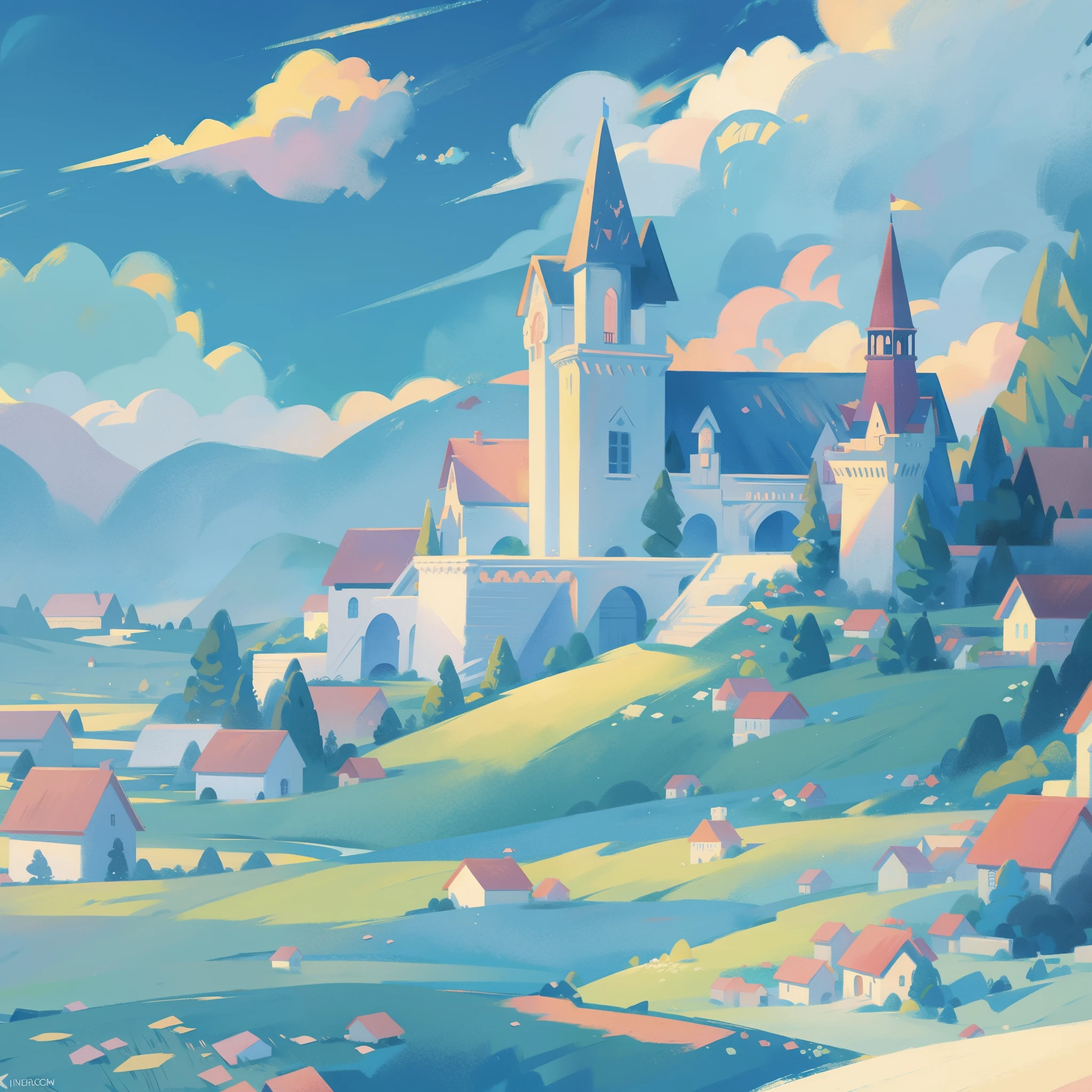 picture book illustration, watercolor storybook illustration, princess castle, fairytale castle, fairytale towers, clouds, vibrant pastel colors, dream, colorful, whimsical, magical, masterpiece, best quality, sharp focus, intricately detailed environment, fine detail, 8k resolution