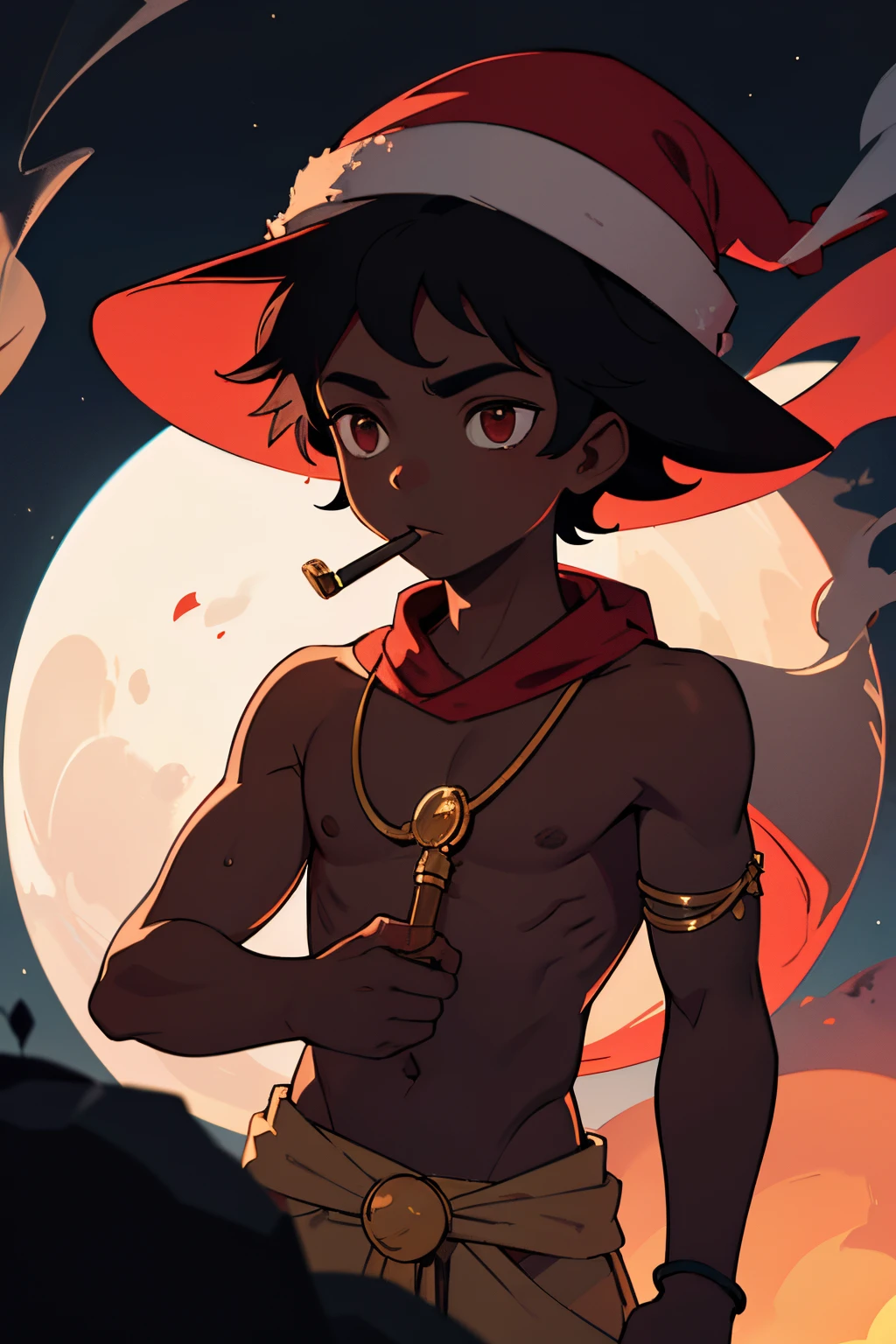 boy, black skin, native brazilian, red hat, hurricane, holding smoking pipe