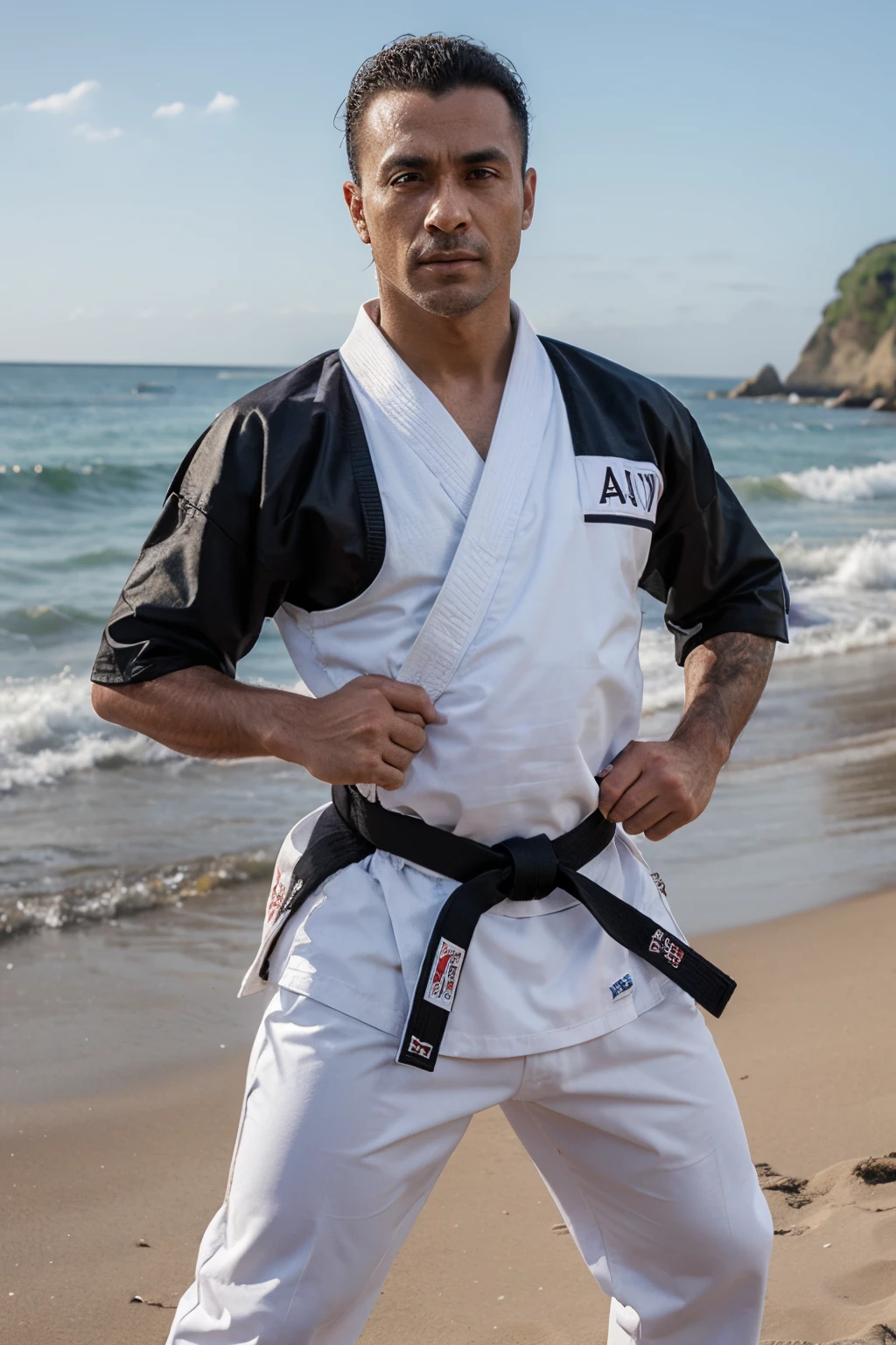 Roupa de karate com faixa preta, homem branco, e no fundo uma praia. Afaixa deve ser preta com o kimono do karate