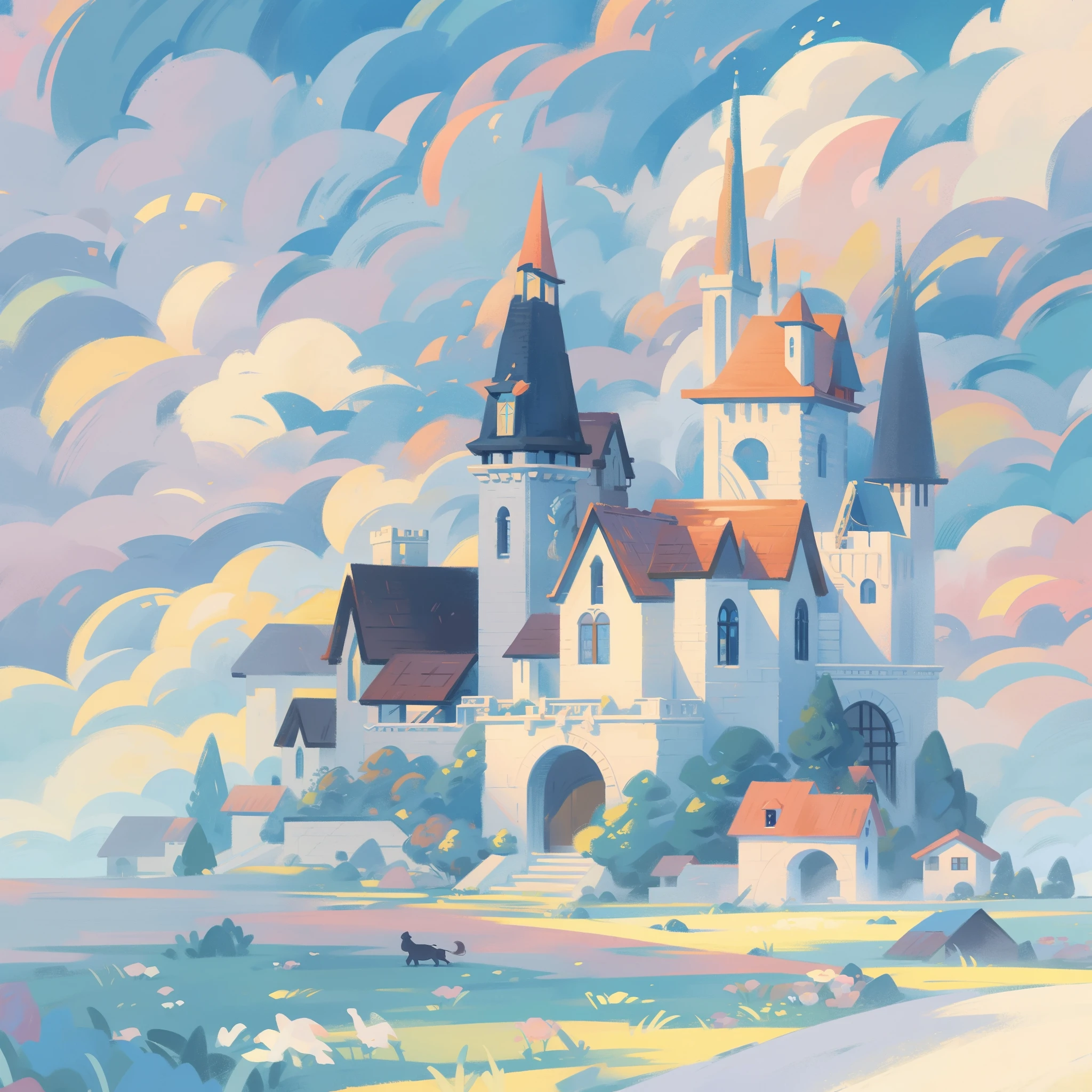 picture book illustration, watercolor storybook illustration, princess castle, fairytale castle, fairytale towers, clouds, vibrant pastel colors, dream, colorful, whimsical, magical, masterpiece, best quality, sharp focus, intricately detailed environment, fine detail, 8k resolution