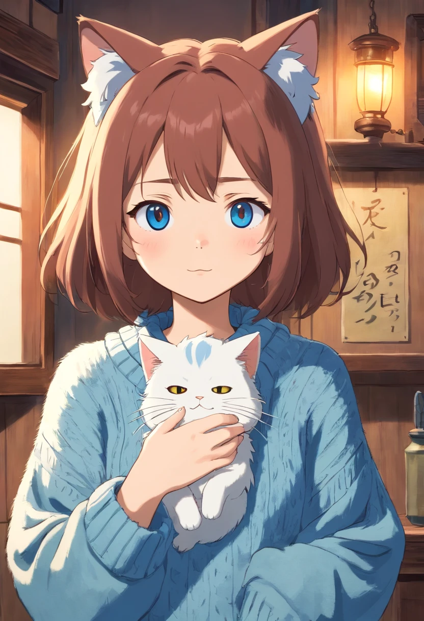 The soft, Cute adult neko,Wearing a loose fluffy blue sweater, are standing