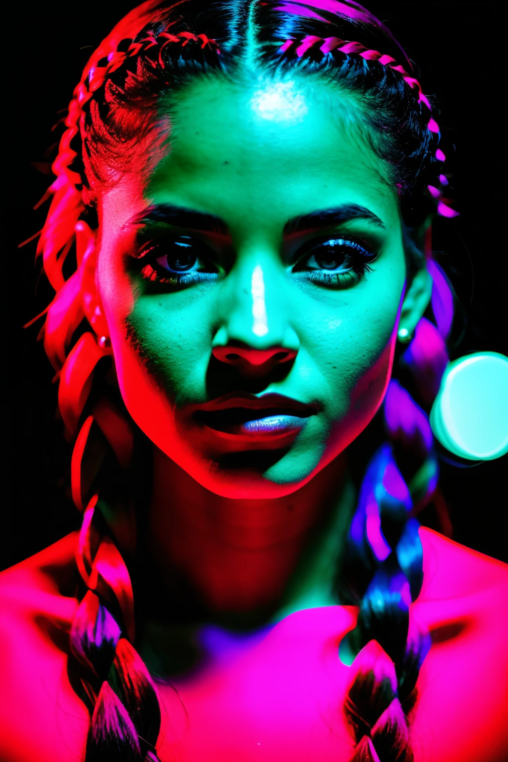 Portrait of a woman with double braid , cabelo, pele negra, olhos verdes, blue and red lighting