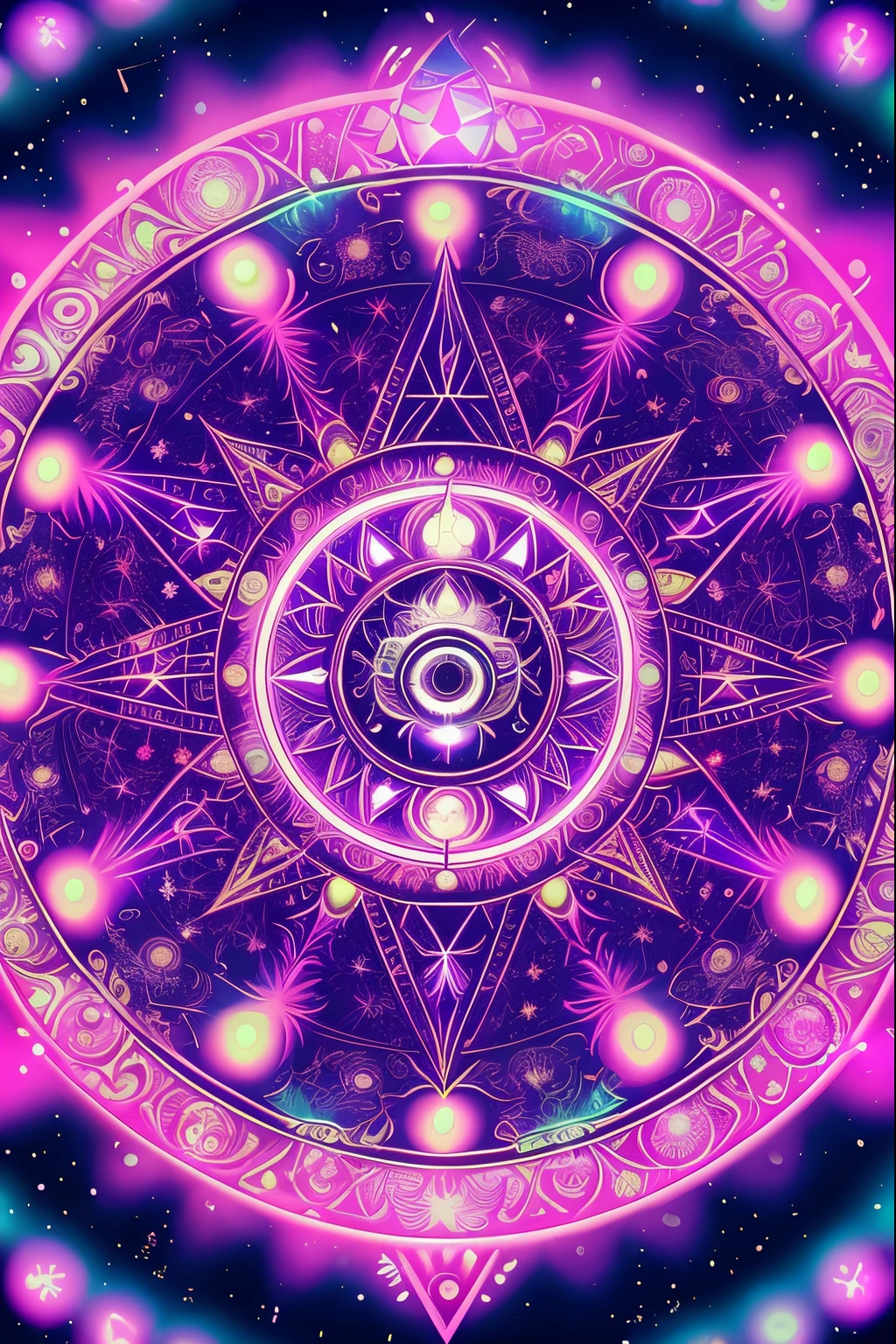 a close up of a clock with a pink background and a star, shamanic poster lsd art, psytrance artwork, pink sun, majora's mask, majora mask, purple sun, digital illustration radiating, alebrijes aesthetic, mayan sun goddess, shpongle, the sun glitchart, magic circle, psytrance, crystal, 3D, chaos, vector art