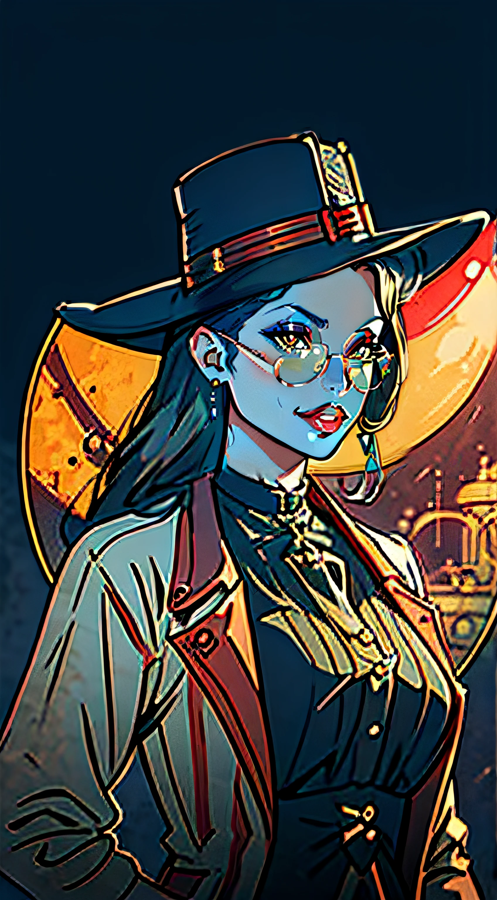 A tall vampire woman like lady dimitrescu from resident evil. Wearing a steampunk doctors outfit. Long brimmed hat. Round sunglasses. Long hair. Doctor Scientist. Round steampunk tinted glasses. Round red tinted glasses. Steampunk aesthetic. Doctor. Scientist. Blood. Red Eyes. Long Physician Jacket. Doctor's Mirror on Hat. Looks like Aubrey Plaza.