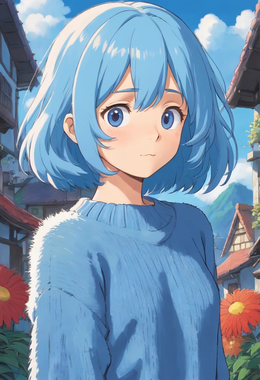 Wearing a loose fluffy blue sweater, are standing