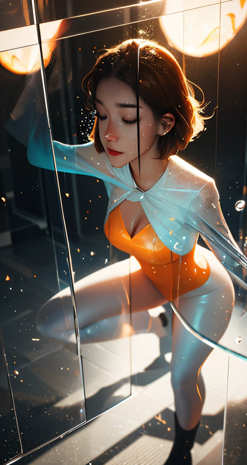a glowing head made of glass and a glowing body made of glass, full body, long legs, amazing particles pulling out of the glass head and body, like droplets of glass floating, 8k highly detailed digital art, intricate artwork, octane render, mind-bending digital art, breathtaking digital art, 3d digital art, 8k hd wallpaper, volumetric lighting, highly reflective glass particles