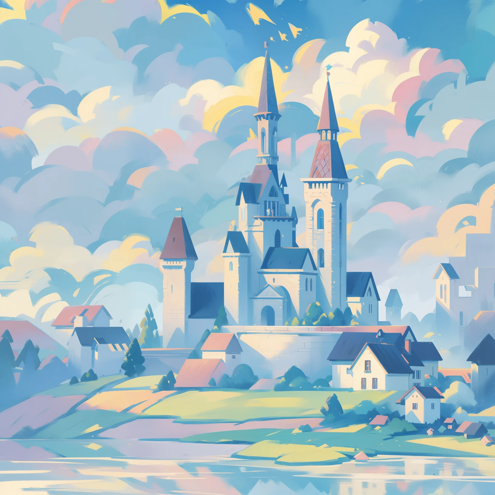 picture book illustration, watercolor storybook illustration, princess castle, fairytale castle, fairytale towers, clouds, vibrant pastel colors, dream, colorful, whimsical, magical, masterpiece, best quality, sharp focus, intricately detailed environment, fine detail, 8k resolution