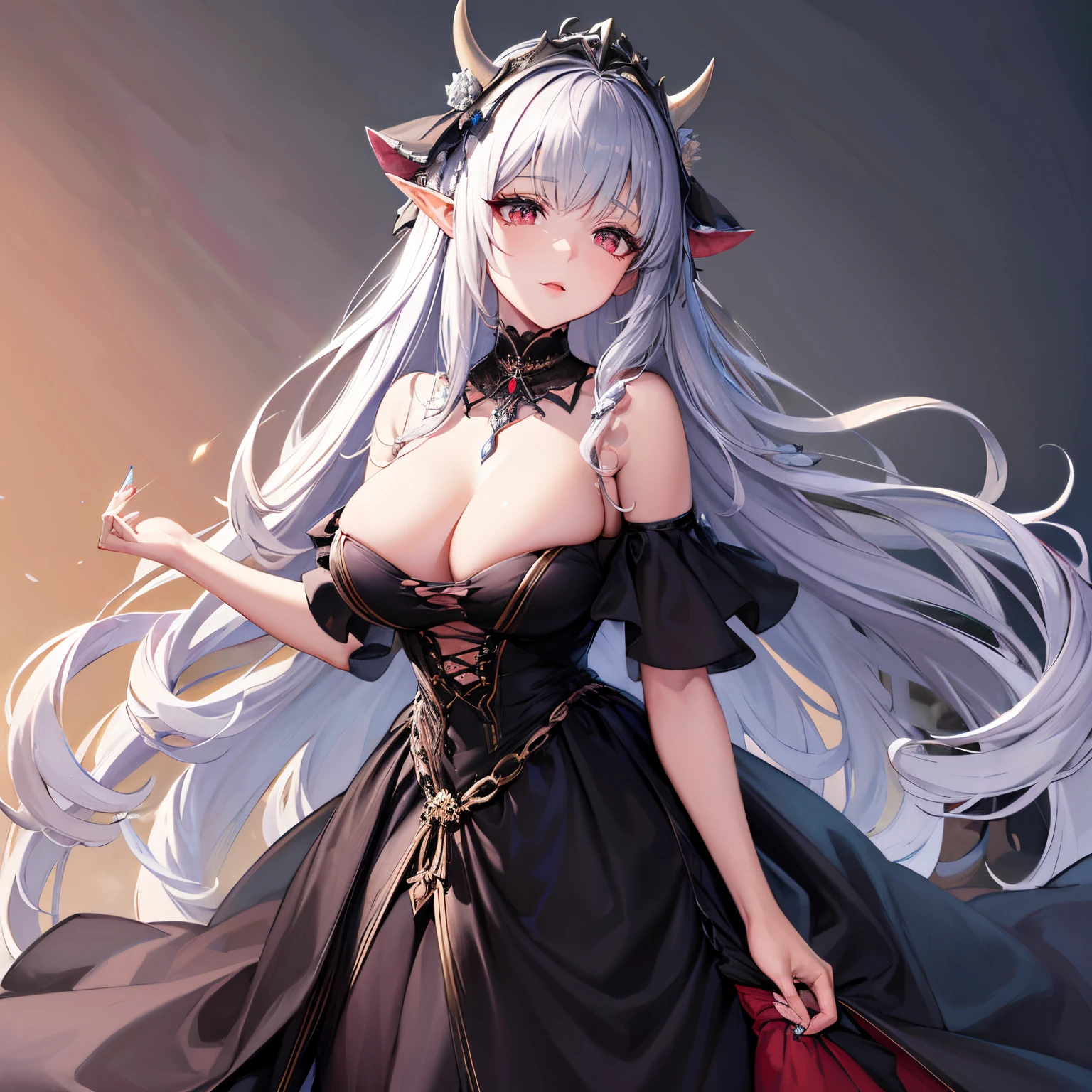 sweetheart, Elf Girl，Serious, mages, black toga, Silver hair accessories，Silver crown，combed blonde hair，red color eyes，Elegant, black witch dress, aristocratic, Court style，Silver element, long fingernails, Gothic clothes, Wavy hairstyles, Hair stands on end,  Messy, arrogant, Huang Li, Detailed dress, Royalties, celebration,  cow boy shooting, sporty attire, (Best quality), (tmasterpiece), (The content is very detailed), (4K)