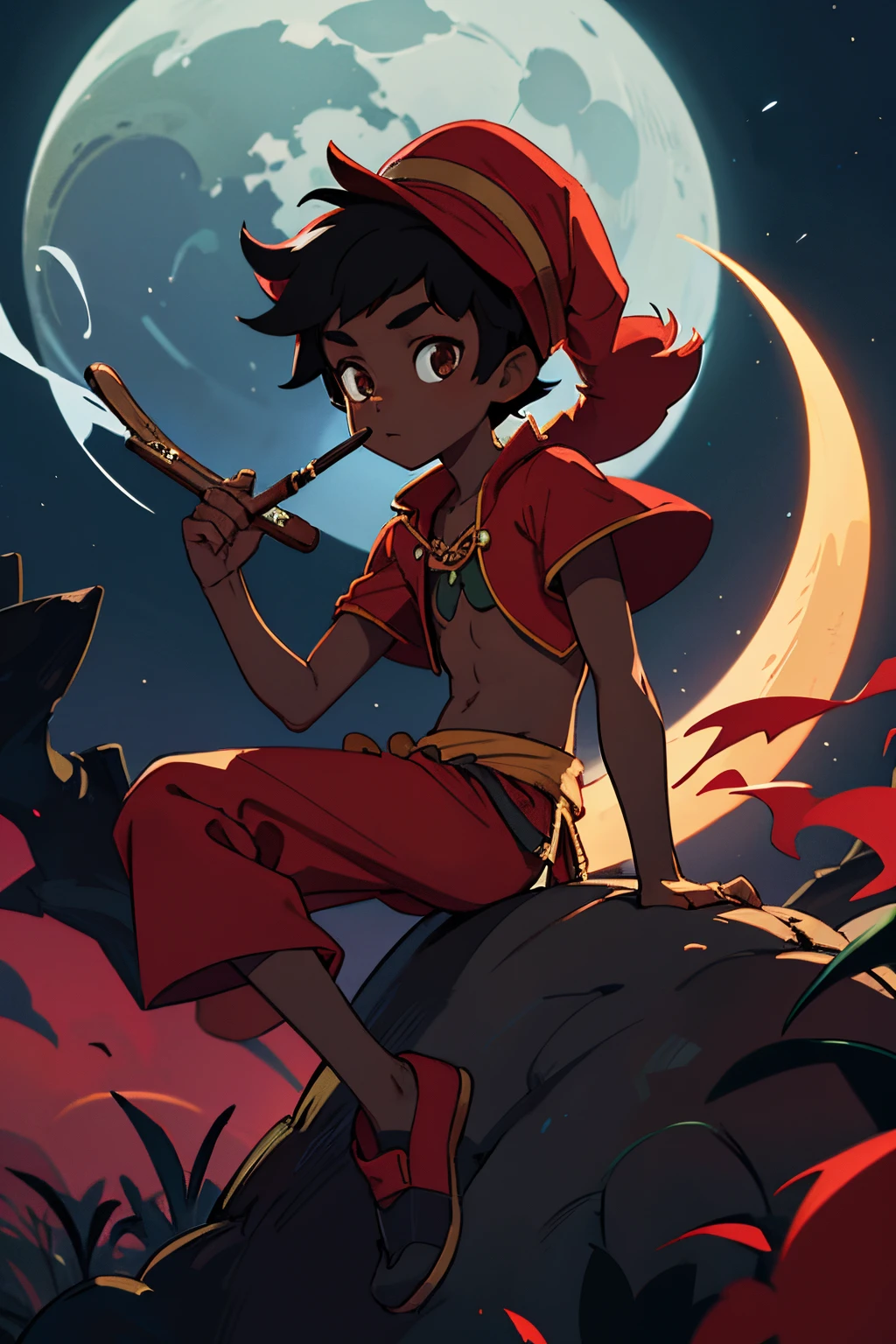 young boy, black skin, native brazilian, peter pan red hat, florest dense on moon light, holding smoking pipe, one leg man