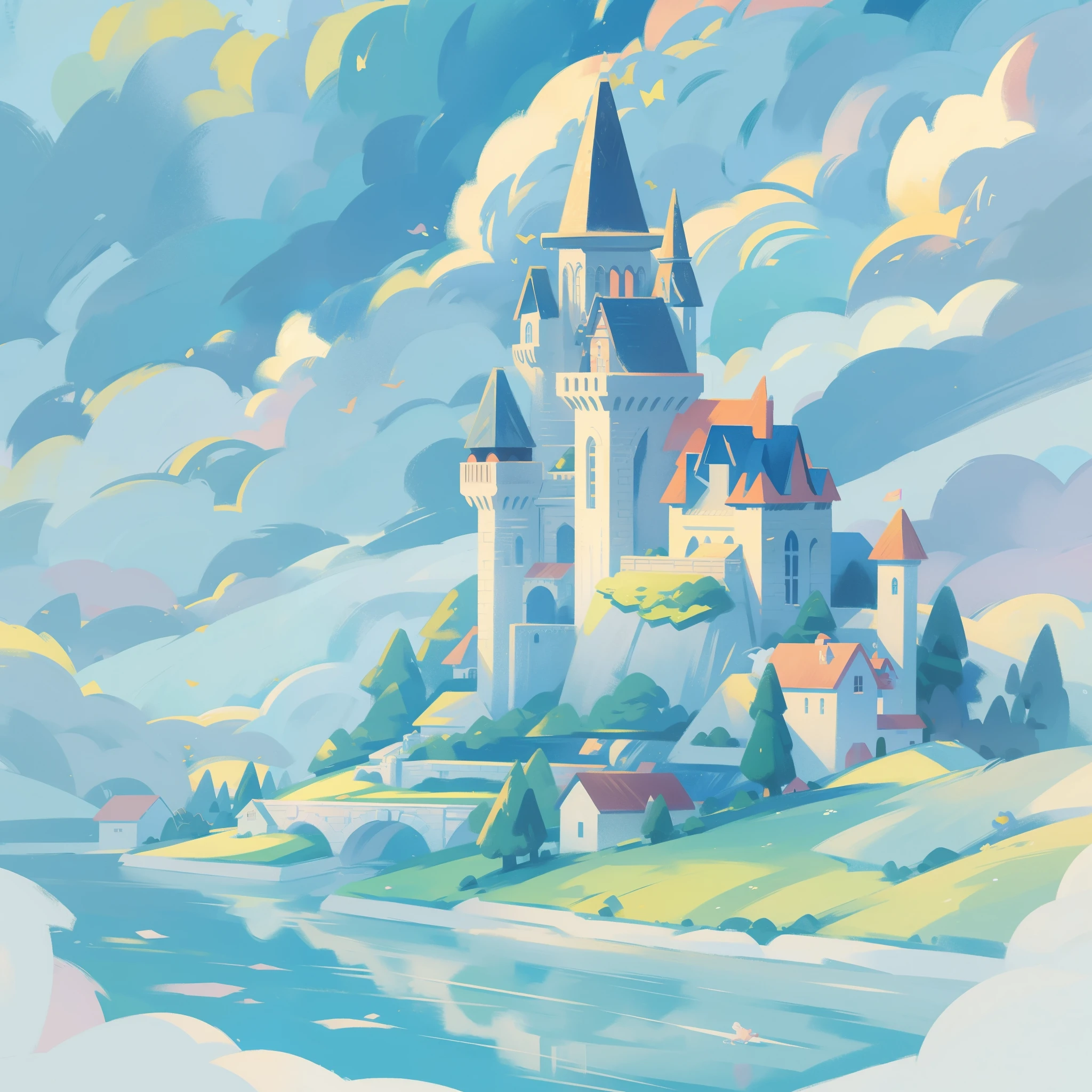 picture book illustration, watercolor storybook illustration, princess castle, fairytale castle, fairytale towers, clouds, vibrant pastel colors, dream, colorful, whimsical, magical, masterpiece, best quality, sharp focus, intricately detailed environment, fine detail, 8k resolution