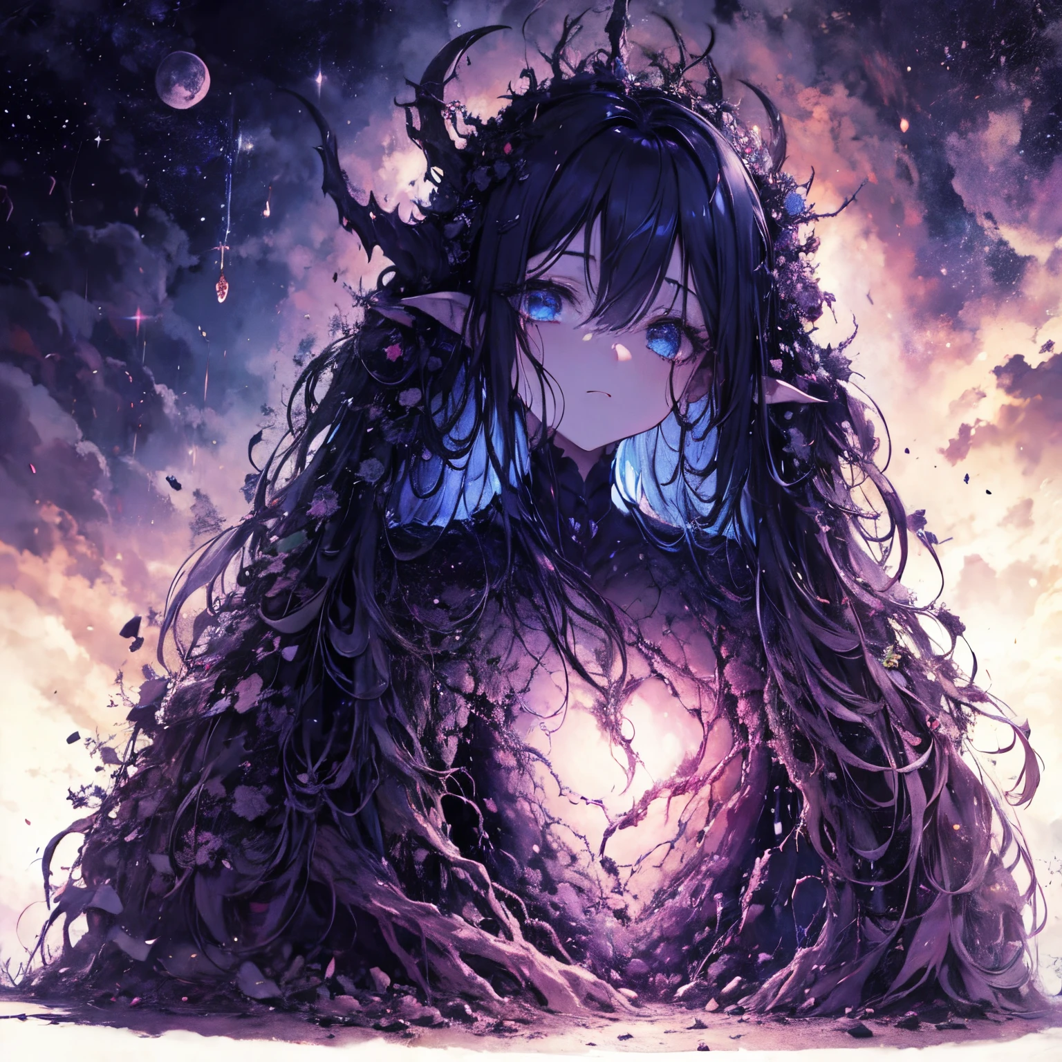 [Female Main Character[1 girl in, no smile, sparkling navy blue eyes, (black hair) , small stature, small breasts, loli, (masutepiece:1.2, Best Quality), (finely detailed beautiful eye: 1.2), (beautifull detailed face), (Best Illumination, extremely delicate and beautiful), long hair, collarbone, worn out tank top,]], [background [Deep in the expanses of the universe, The Dark God Awakens, Cthulhu, Ancient ones, With tentacles that make the heart tremble. A being with immeasurable power, Beyond human comprehension, Emerging from the abyss, The Ascension of the Universe. Imbued with grotesque forms and madness, Cthulhu, Great Old One, There is a planet in the middle, tentacles in universe, lovecraftian inspiration, Lovecraftian cosmic fear, lovecraftian hellscape, fantasy and cosmic horror movie, Lovecraftian atmosphere, lovecraftian, a planet in open space, ]]