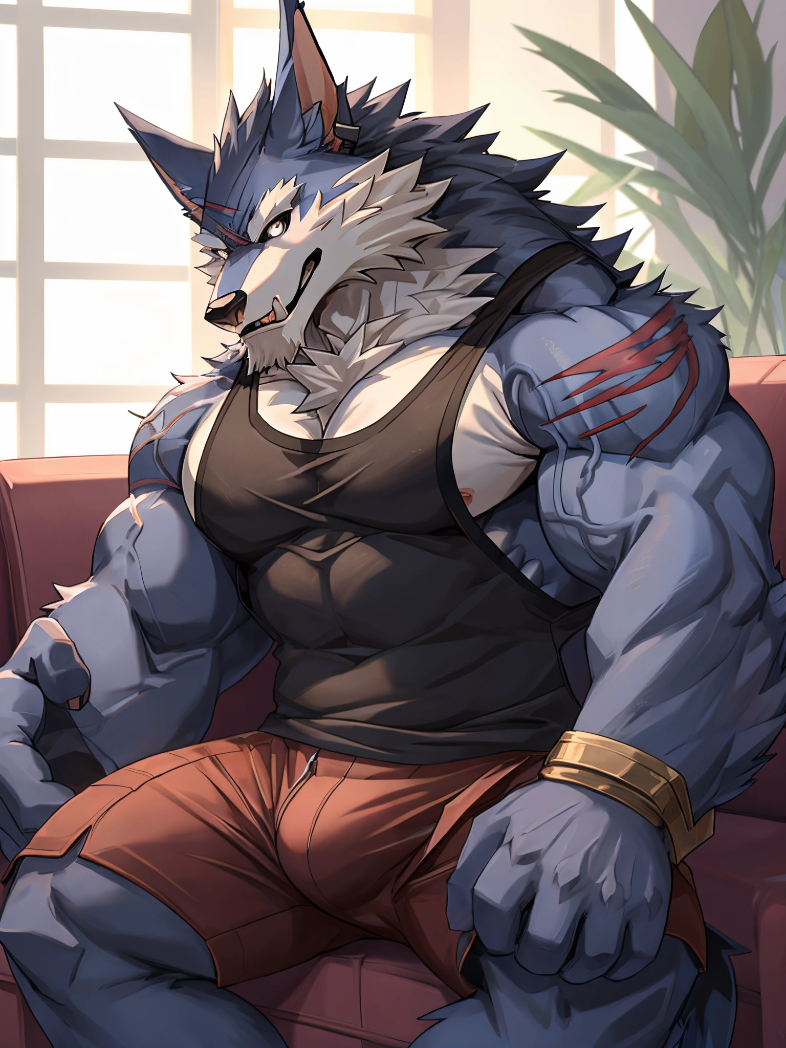 Masterpiece, Solo, Warwick, Furry Dark Wolf, Black Eyes, Muscular Body, Vein in muscle,  Smiling, Handsome, Good Looking, Tank Top, Short pants, Sitting in Sofa, Bulge, Touching Pants, Lust Expression, Hentai, Red in face.