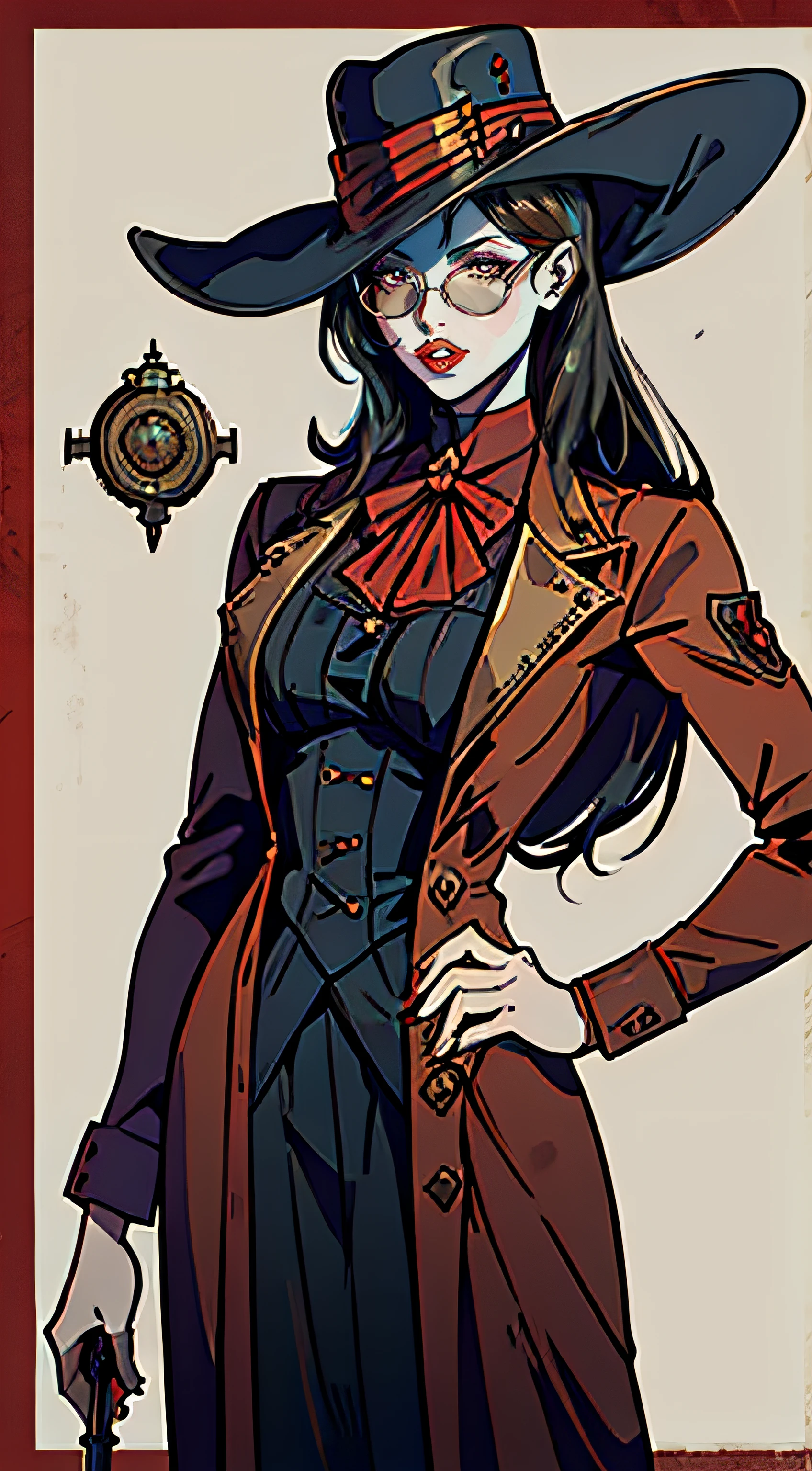 A tall vampire woman like lady dimitrescu from resident evil. Wearing a steampunk doctors outfit. Long brimmed hat. Round sunglasses. Long hair. Doctor Scientist. Round steampunk tinted glasses. Round red tinted glasses. Steampunk aesthetic. Doctor. Scientist. Blood. Red Eyes. Long Physician Jacket. Doctor's Mirror on Hat. Looks like Aubrey Plaza.