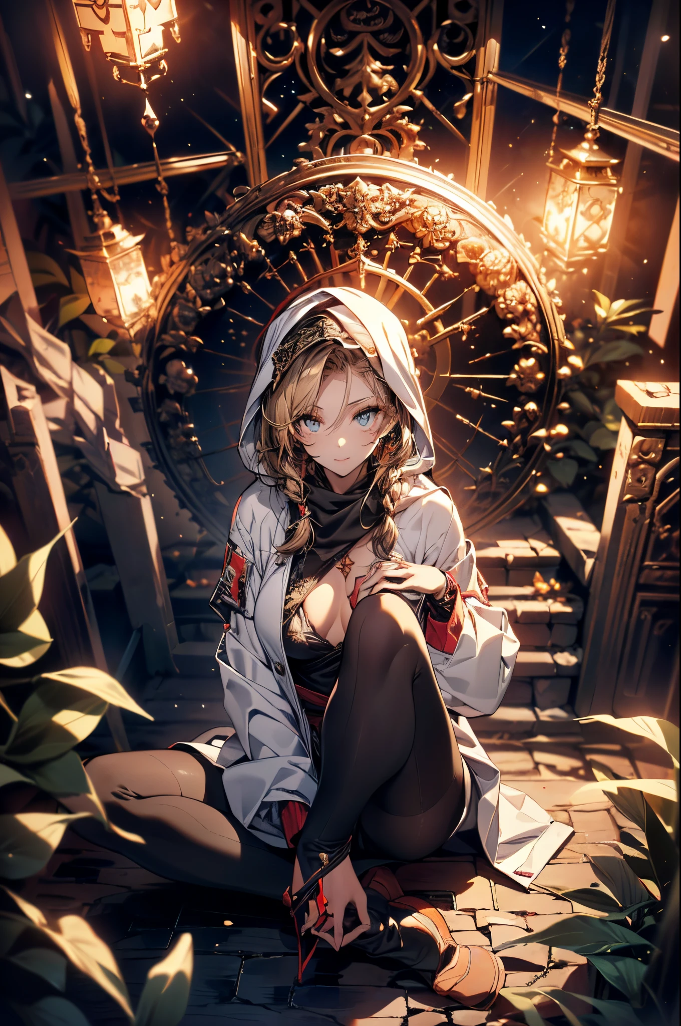 (Spiritual image:1.3), a matured woman with long black hair and a white outfit, (at a rock place in a desert:1.2), (meditating above magic circle written on ground:1.2, under starly sky:1.3, sitting Indian-styles:1.5, Yoga posing:1.1, with opening legs and rising knee:1.5, with cross-legged:1.5, rift and open your arms:1.3, in Arabic ancient ruins:1.3), (floating Bible:1.2), Arabic, (Post apocalyptic:0.2), from arknights, artwork in the style of guweiz, bodyesbian, fine details. girls frontline, beautiful anime illustration, from girls frontline, by Yang J, stunning, 28 years old, (milf:1.3), (solo:1.5), (sfw:1.25), (sagging breast, fuge breasts, big tits, thin waist, big ass:1.2), Raised , (dark mahogany medium short hair, updo, hair over one eye, asymmetric hair, Carly hair, low tied braids),(musulman, white Headscarfs, hair bands, head vandage, Turban), (ultra high resolution, 8K RAW photo, photo realistics, thin outline:1.3, clear focus), best qualtiy, cinematic lighting, textile shading, blurry back ground, field depth, bokeh, (Bright pupils, fine detailed beautiful eyes with highlight:1.3, high detailed face), Red lip, fine realistic skins:1.1, looking up viewers:1.3, (dynamic angle:1.3, front view:1.1, tight focus:1.3, from above:1.2), (dynamic posing:1.5, sexying:1.2, leaning forward), ((open your mouth:1.3)), (seductive smiling:1.2), centered image, (wearing white long jacket and clothes, wearing white robes:1.3, ((bare breast:1.37)), platinum ornaments, rolling white clothes around waist, dark brown long leather boots:1.3, translucent lace pantyhose), (((correct anatomy:1.5))), ((outdoor:1.2, in a night:1.3)),
