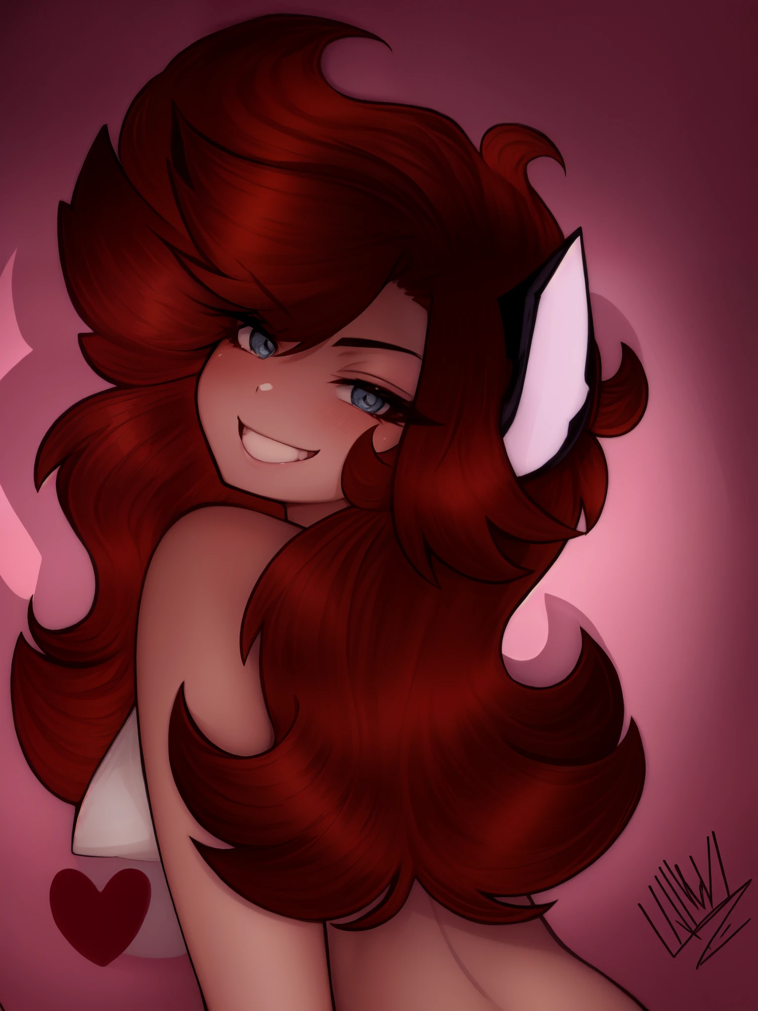 um close up de um desenho animado de uma mulher com cabelos ruivos, [[[[sorrindo malvado]]]], retrato de ((travesso)), ((vermelho)) olhos baggy, sorrindo lascivamente, lindo lobisomem, fursona, Commission for High Res, cel sombreado!!!, Lowres, sorrindo sinistramente, sorriso sensual