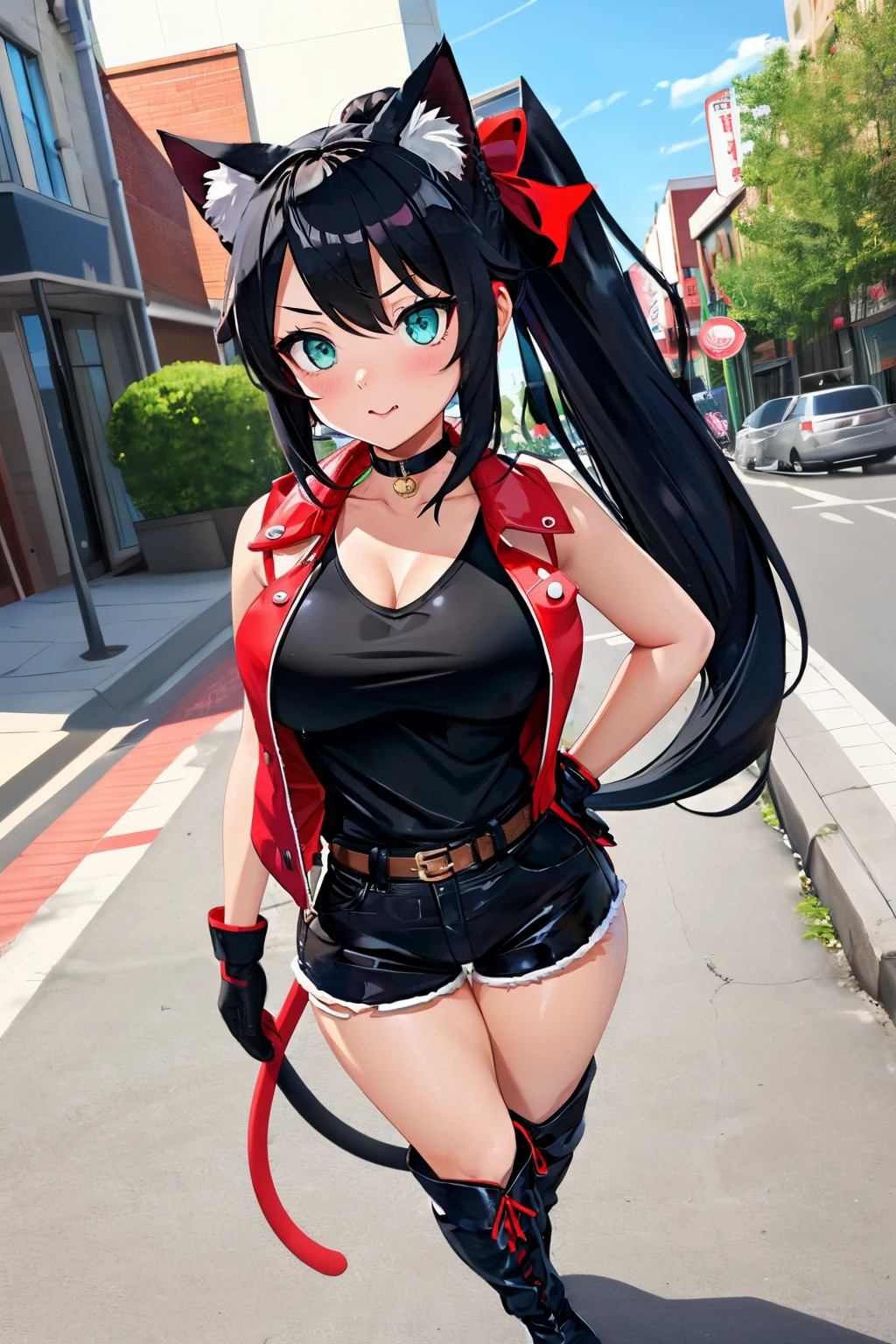 (masterpiece), best quality, expressive eyes, perfect face, tsundere, female, large breast, mini sleeveless red jacket, black shirt, black mini shorts, large ponytail, red ribbon, cat tail, cat ears, black hair, mint light green eyes, black long boots, red choker, skin fang, long red gloves, city, standing, fullbody, pov, long ponytail, [only one tail]2, long hair,