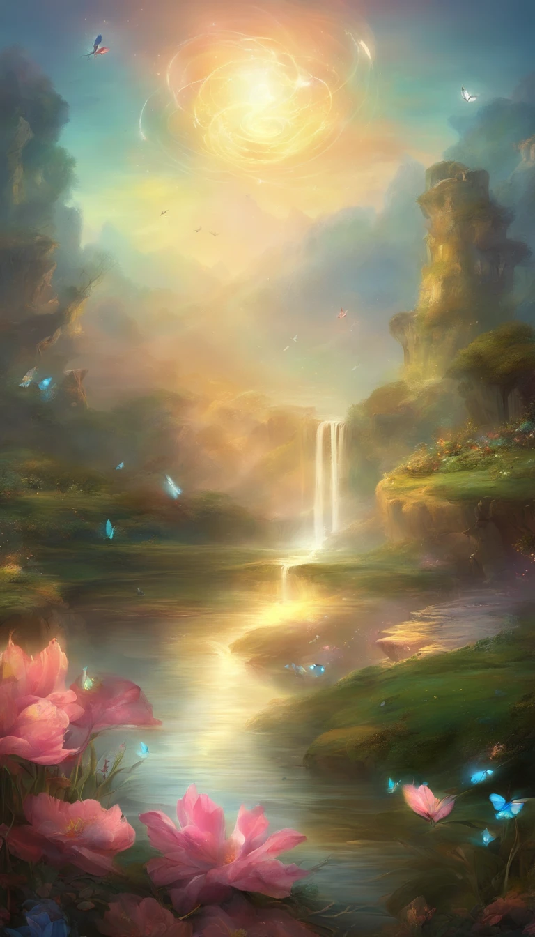 Beautiful oracle landscape images that give energy to those who see them。butterflies dancing on the riverside。Fantastical。Dreamy。Fantasia。