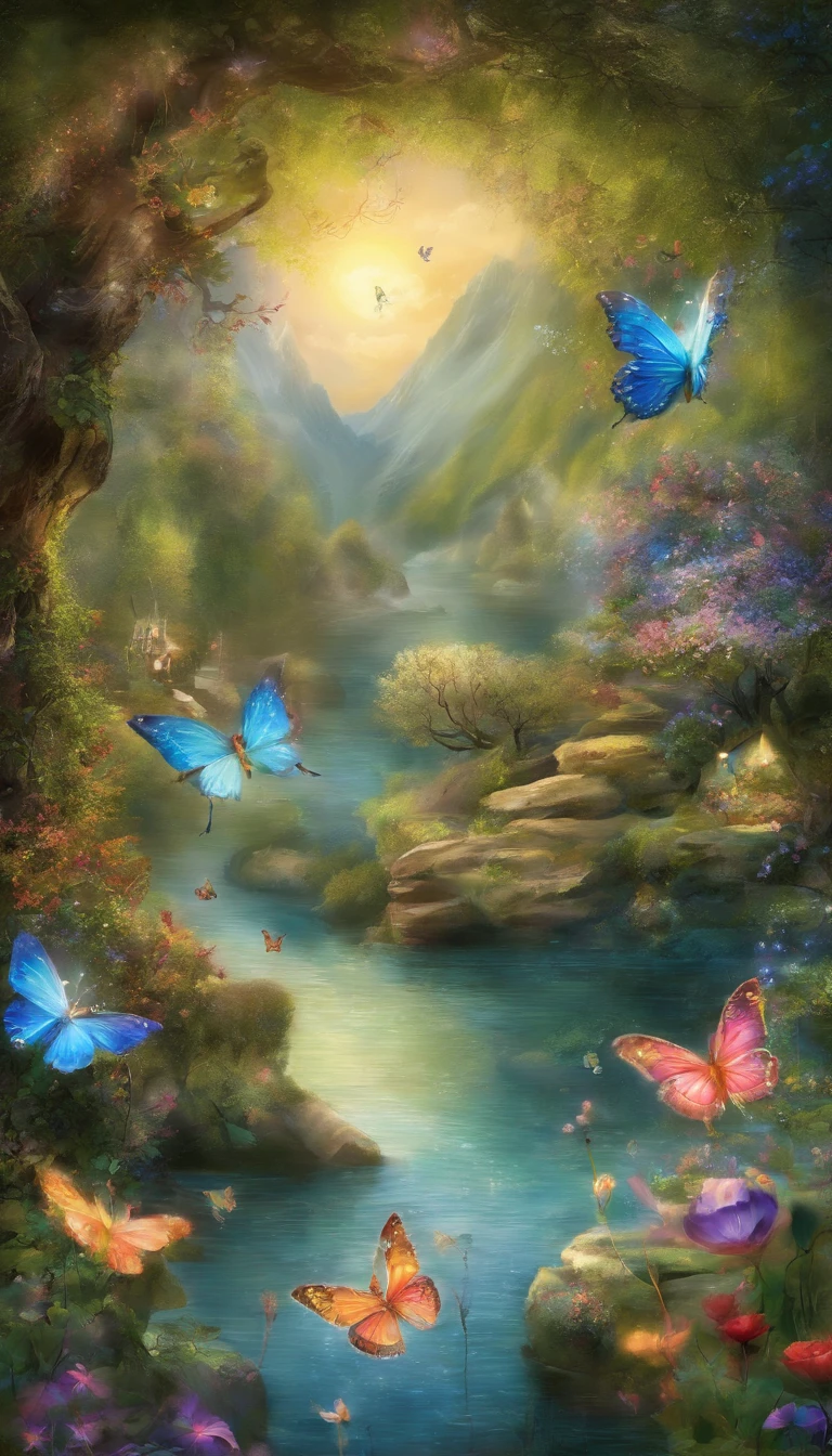 Beautiful oracle landscape images that give energy to those who see them。butterflies dancing on the riverside。Fantastical。Dreamy。Fantasia。