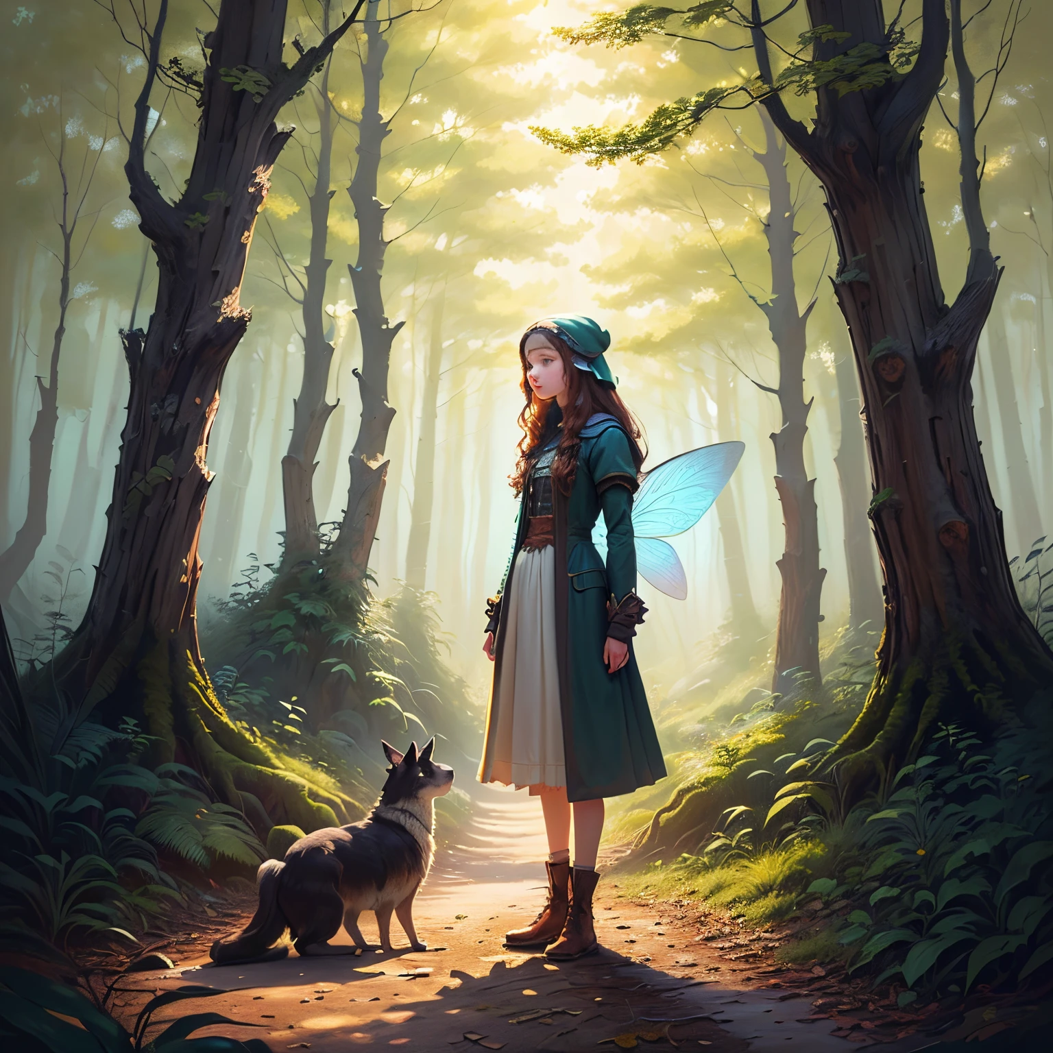 Illustration for a fairy tale about a girl, standing in the woods, who knows how to talk to animals