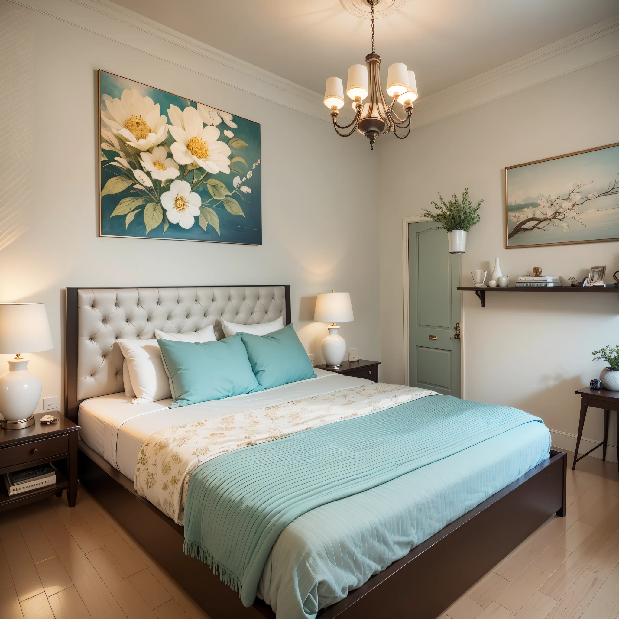 A newly renovated room with first-person views, panoramic views, a row of sofas, a dining room next to it, beautifully decorated paintings on the walls, framed, clear and clean, bright colors, and then next to the bedroom, clean and tidy bed, bed wall hanging fine decorative painting, there are borders, the picture is clear, clean, bright colors, Light-colored soft furnishings department, add a little bright, so that the overall feel to avoid rigid,Element is simple,high-definition photos --auto --s2