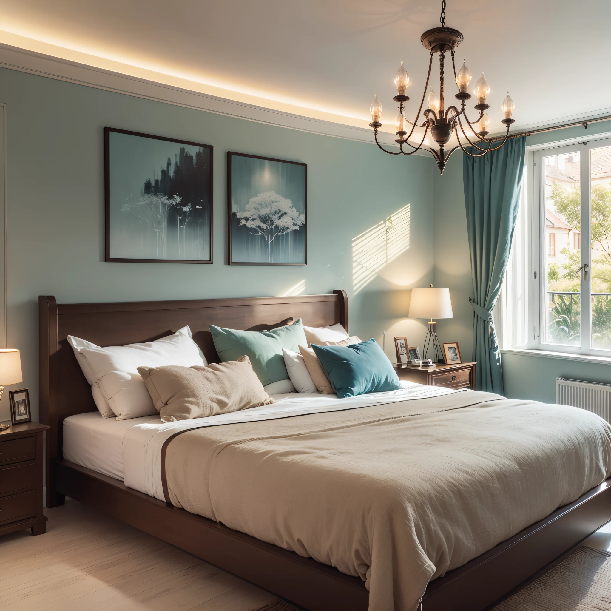 A newly renovated room with first-person views, panoramic views, a row of sofas, a dining room next to it, beautifully decorated paintings on the walls, framed, clear and clean, bright colors, and then next to the bedroom, clean and tidy bed, bed wall hanging fine decorative painting, there are borders, the picture is clear, clean, bright colors, Light-colored soft furnishings department, add a little bright, so that the overall feel to avoid rigid,Element is simple,high-definition photos --auto --s2