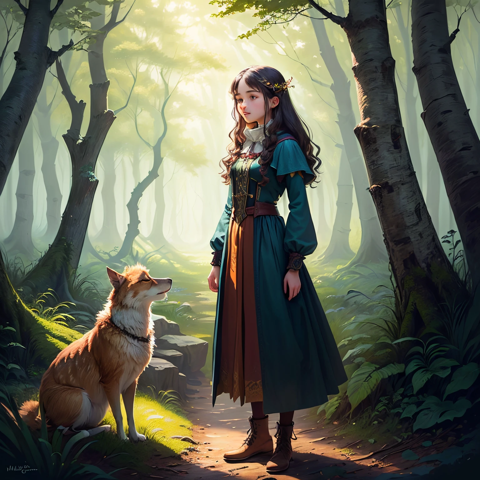 Illustration for a fairy tale about a girl, standing in the woods, who knows how to talk to animals