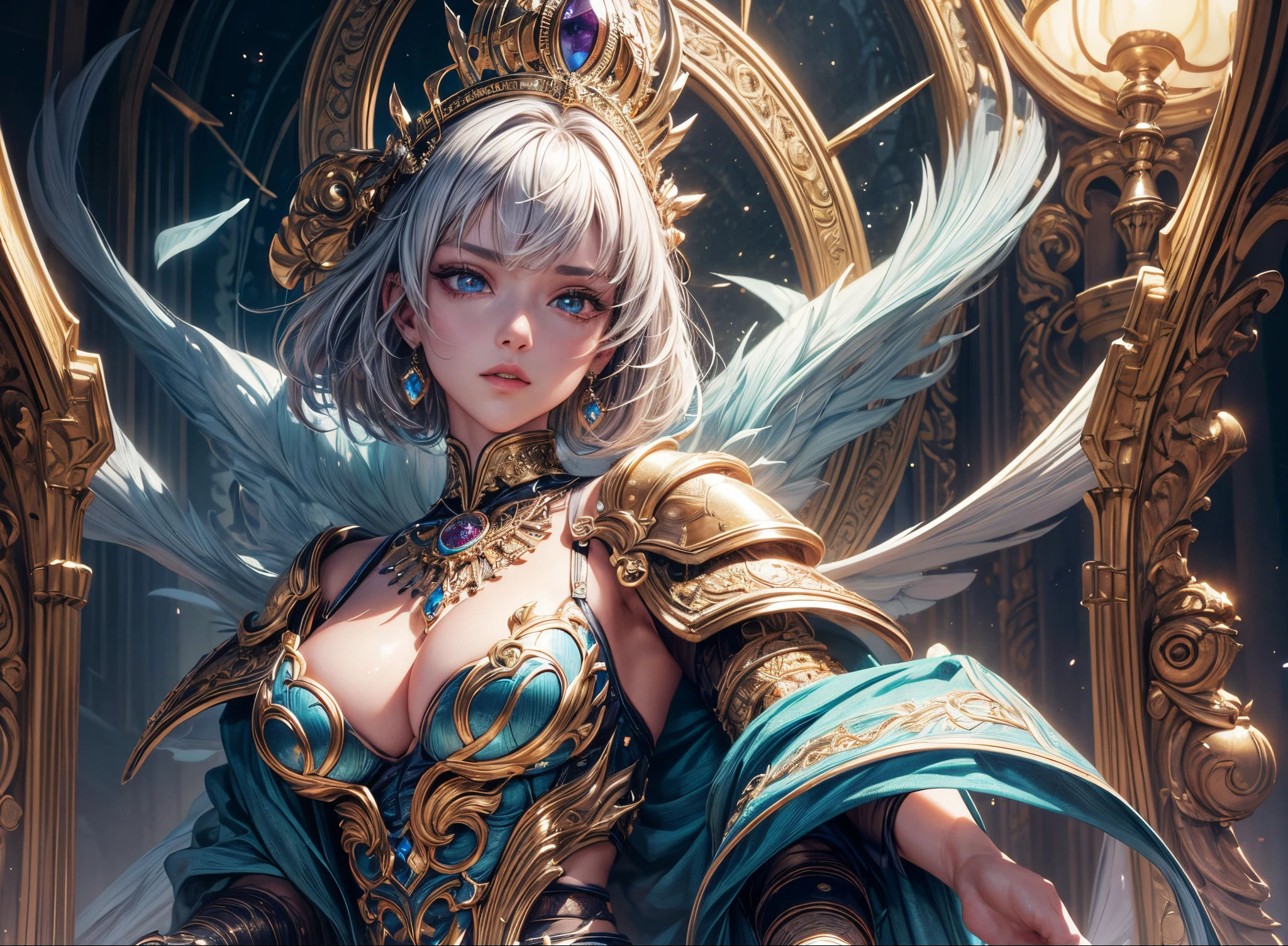 ((Best quality)), ((masterpiece)), ((highly intricate details)),beautiful, high quality, highres, absurdres, light difussion, intricate details, complex details, ((anime)), (anime:1.2) , (perfect face:1.3), extreme detailed eyes, colorful, highest detailed, vibrant colors, high contrast, (8K UHD:1.2), (photorealistic:1.2),(masterpiece:1.4), (best quality:1.4), realistic,medium breast.masterpiece, high quality, 3d, 8k cg, intricate details, detailed background, sacred. ornaments, byDylanKowalski, ((1girl)), upper body, muscular, skindentation, looking to the side, short hair, prosthesis, mechanical arms, synthetic skin, porcelain, pearl, holographic, titanium, diamond, ruby, sapphire, gemstones, clockwork, grunge, worn edges, armor,