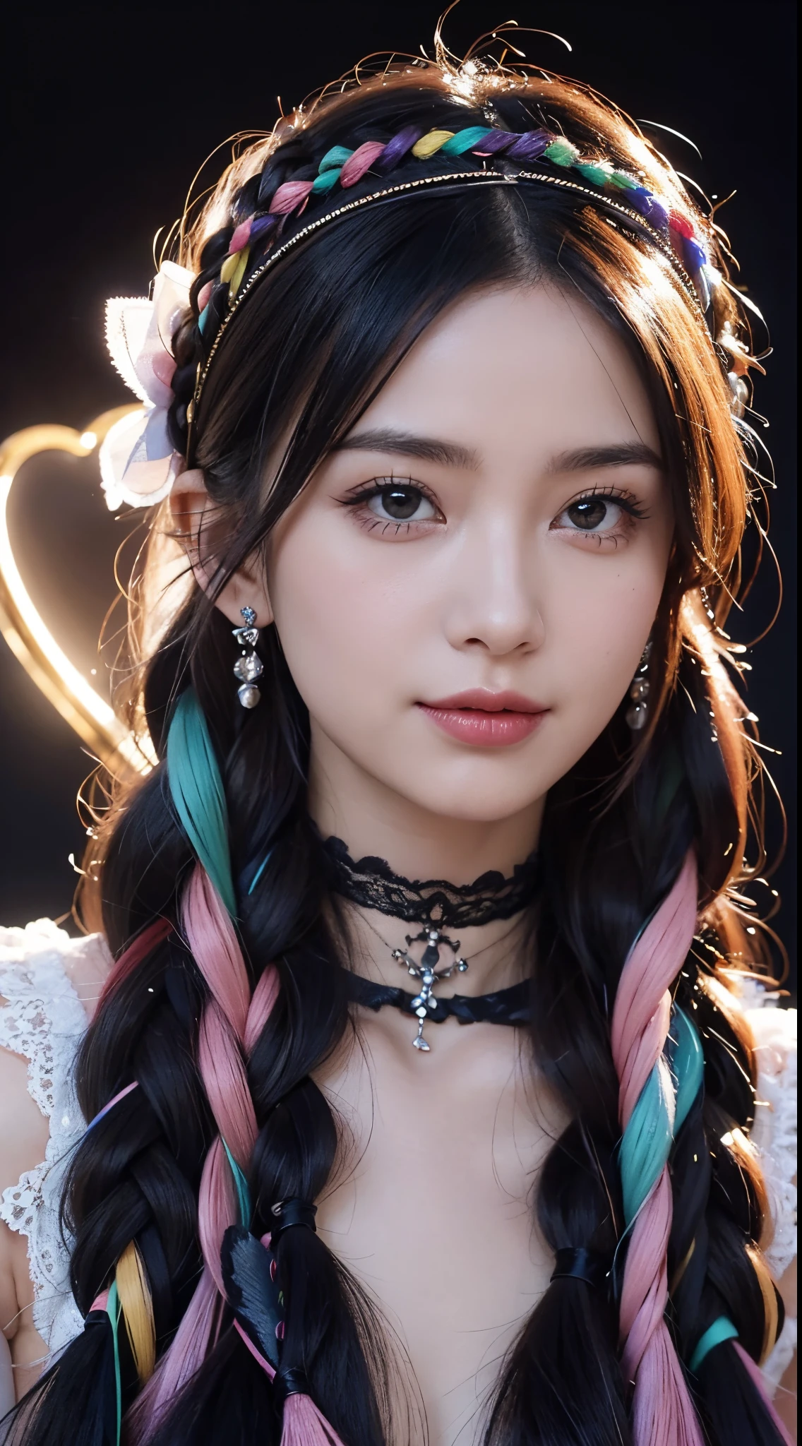 Generate an image of a woman with streaked multicolored hair, wearing a mini top hat and a tiara. She has expressive eyes with mismatched pupils, wearing heart-shaped eyewear and a blindfold, showcasing a blend of surrealism and gothic art influences. Her hair is styled in twin braids with accessories like beads and hair ribbons. The expression on her face is a combination of a light smile and mysterious glint. Additionally, she wears a lace choker and crystal earrings, completing the look with a hood and cloak. The scene is framed with cinematic lighting and depth of field, emphasizing the details of her colorful and unique appearance.