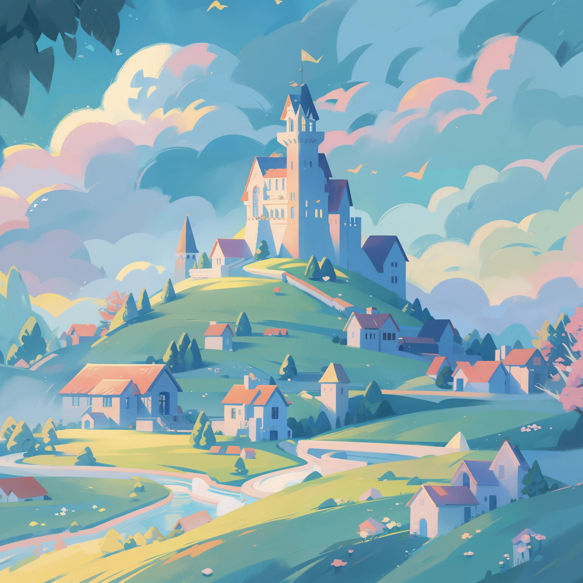 picture book illustration, watercolor storybook illustration, princess castle, fairytale castle, fairytale towers, clouds, vibrant pastel colors, dream, colorful, whimsical, magical, masterpiece, best quality, sharp focus, intricately detailed environment, fine detail, 8k resolution