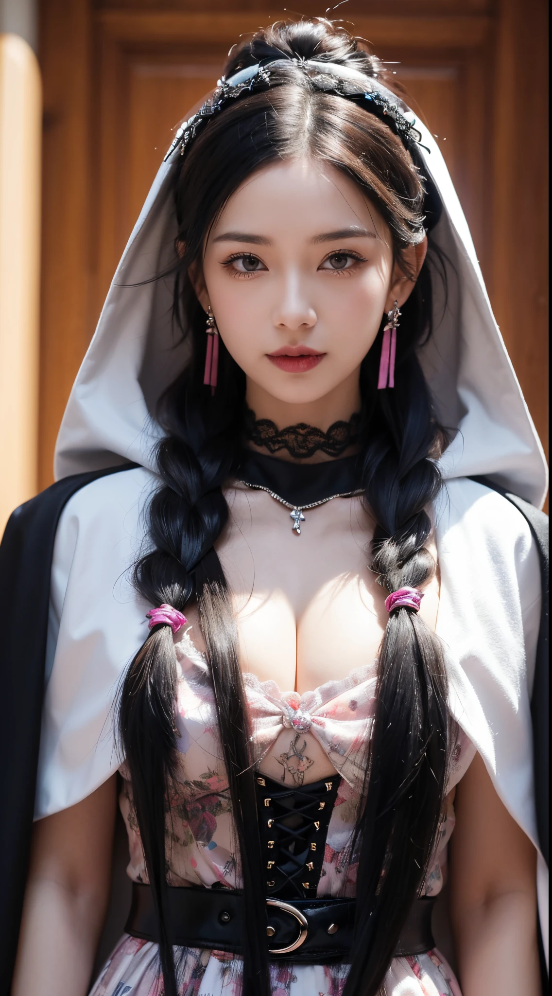 Generate an image of a woman with streaked multicolored hair, wearing a mini top hat and a tiara. She has expressive eyes with mismatched pupils, wearing heart-shaped eyewear and a blindfold, showcasing a blend of surrealism and gothic art influences. Her hair is styled in twin braids with accessories like beads and hair ribbons. The expression on her face is a combination of a light smile and mysterious glint. Additionally, she wears a lace choker and crystal earrings, completing the look with a hood and cloak. The scene is framed with cinematic lighting and depth of field, emphasizing the details of her colorful and unique appearance.