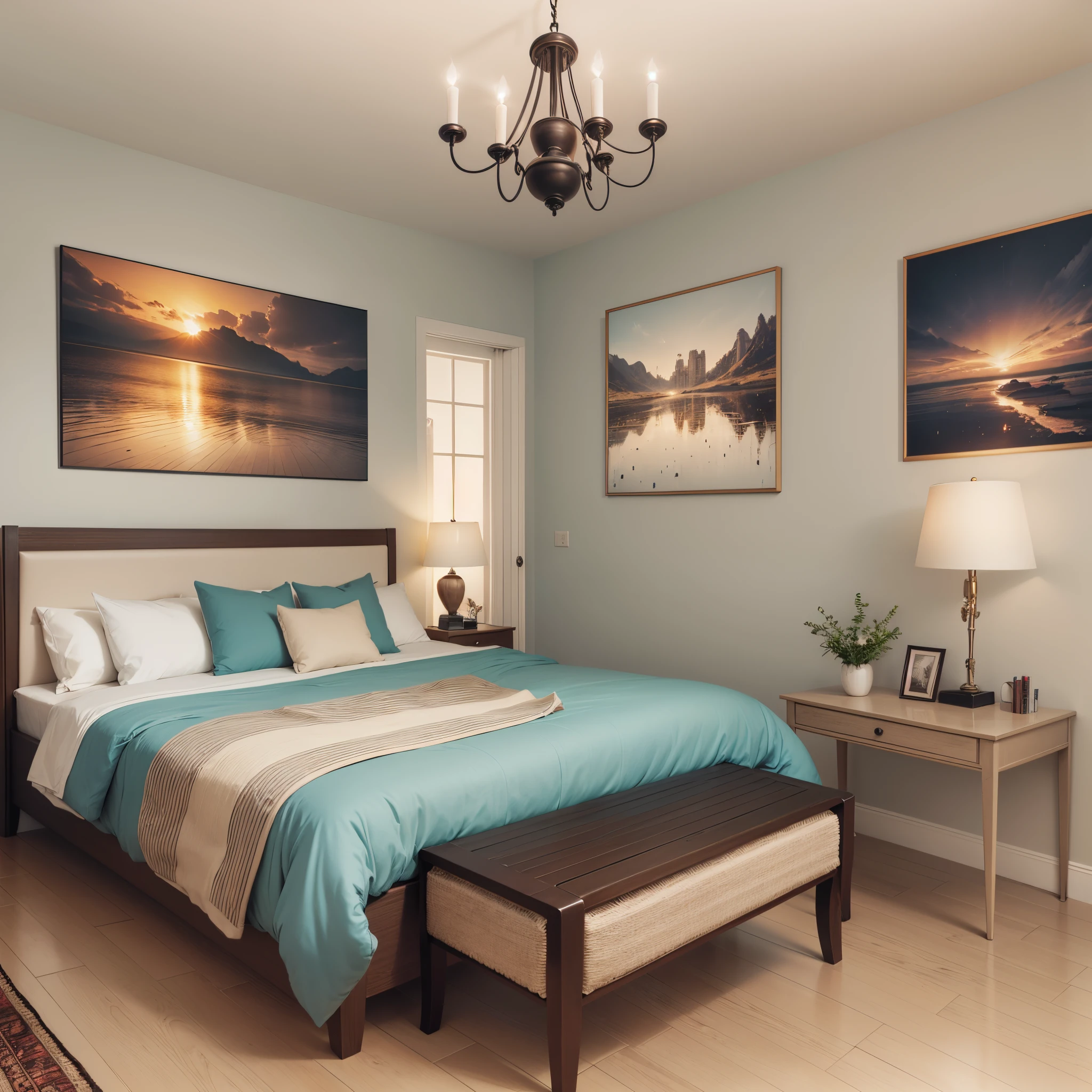 A newly renovated room with first-person views, panoramic views, a row of sofas, a dining room next to it, beautifully decorated paintings on the walls, framed, clear and clean, bright colors, and then next to the bedroom, clean and tidy bed, bed wall hanging fine decorative painting, there are borders, the picture is clear, clean, bright colors, Light-colored soft furnishings department, add a little bright, so that the overall feel to avoid rigid,Element is simple,high-definition photos --auto --s2