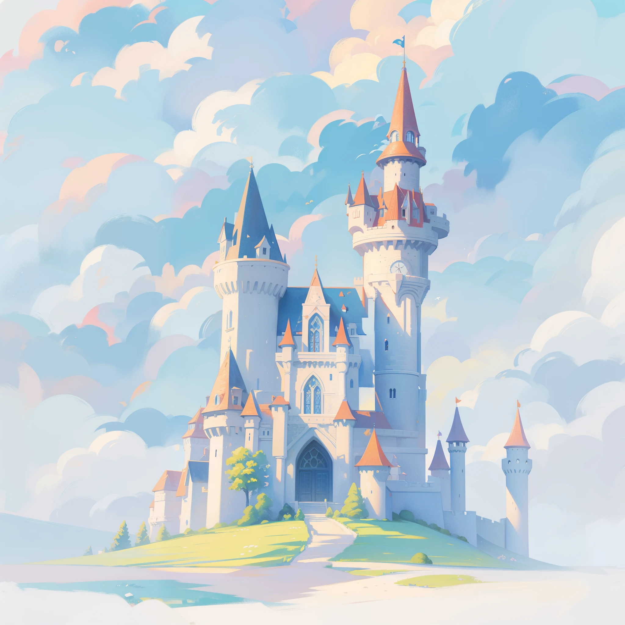 picture book illustration, watercolor storybook illustration, princess castle, fairytale castle, fairytale towers, clouds, vibrant pastel colors, dream, colorful, whimsical, magical, masterpiece, best quality, sharp focus, intricately detailed environment, fine detail, 8k resolution