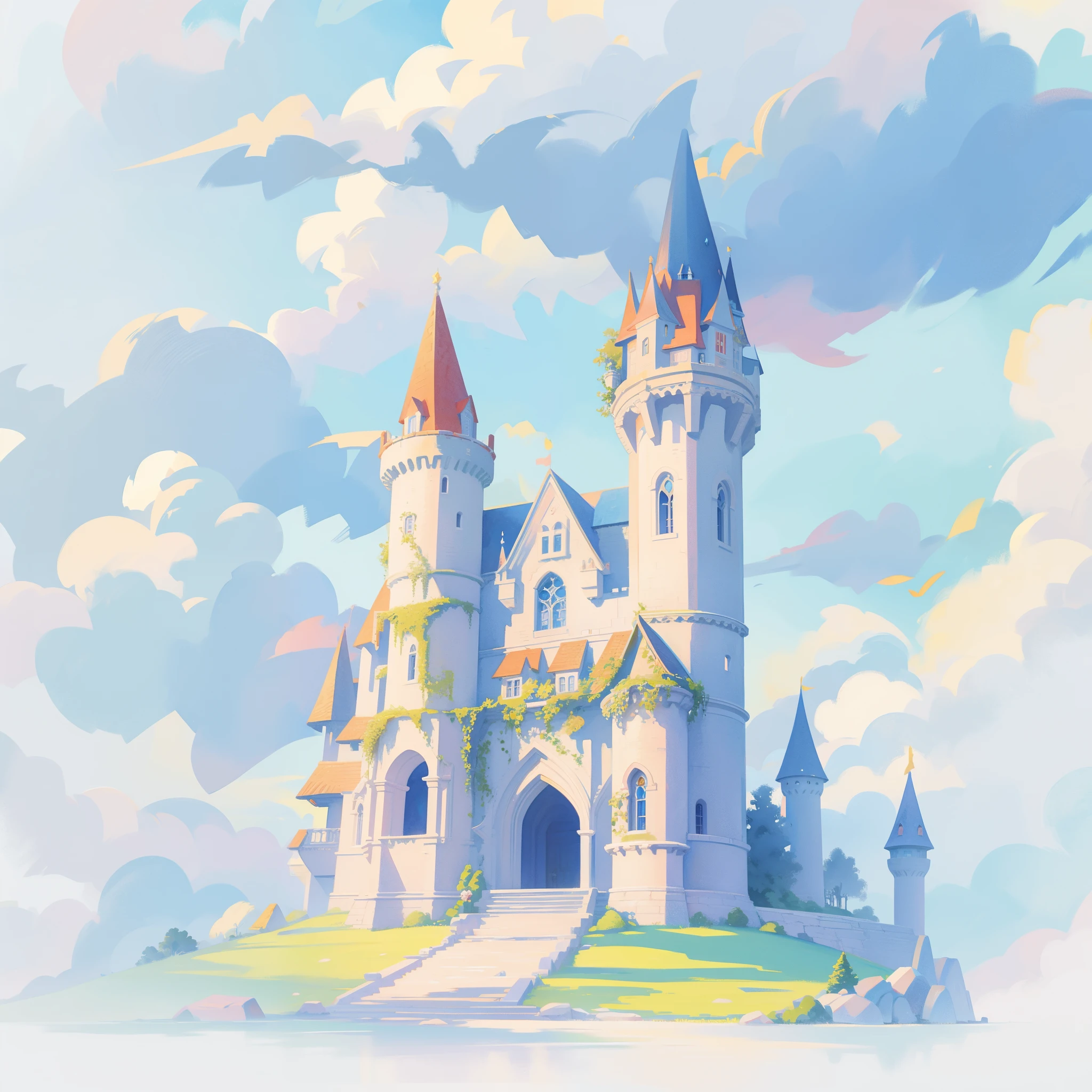 picture book illustration, watercolor storybook illustration, princess castle, fairytale castle, fairytale towers, clouds, vibrant pastel colors, dream, colorful, whimsical, magical, masterpiece, best quality, sharp focus, intricately detailed environment, fine detail, 8k resolution