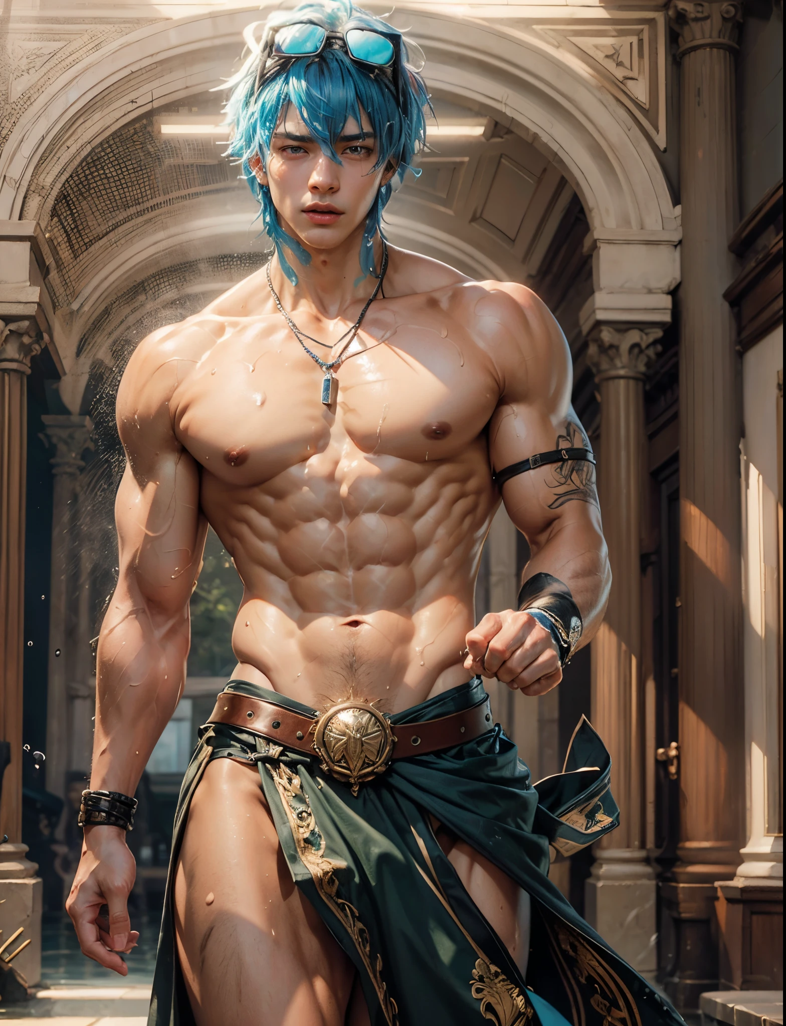 (max resolution: 1.2), (Ultra HDTV: 1.2), 8K resolution, Eye and skin details, detailed facial features, , (Sharp focus: 1, 2), ( Accurate focus) facial expressions: 1,2), 1 boy standing, 20-25 years old, (Blue hair), (Shirtless), Shirtless, Perfect muscles, 8 pack, (light sweat, white fluid,  splashing all over the body), (Black briefs), Blue sky, Tree mortar, Transplant, ((Little drops of water on 8-pack abs)), (((water, water))),  splashed all over his face,  splashed all over his abs,  splashed all over his body, his face turned red from embarrassment. ((There is a faint word SelenaAI in the corner of the photo)),Wear glasses
