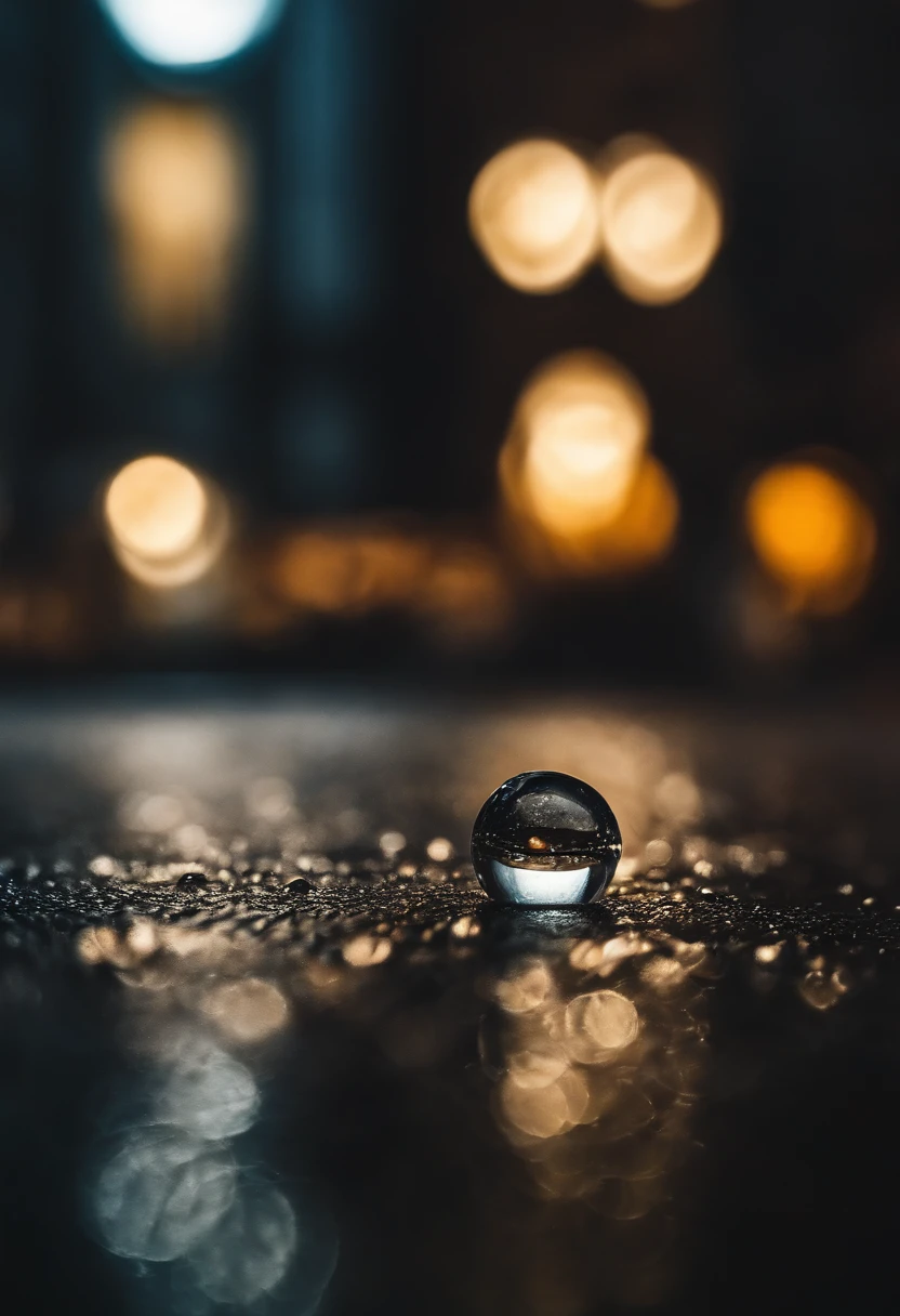 A macro shot a tiny rain drop about to hit the concrete, a reflection of a downtown street at night shines in the raindrop, shallow depth of field, photorealistic