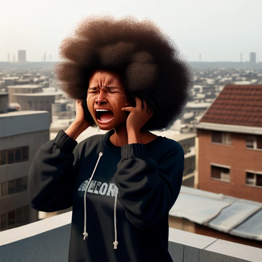 Black woman, on rooftop, ragged clothes, large Afro hair, crying, early morning