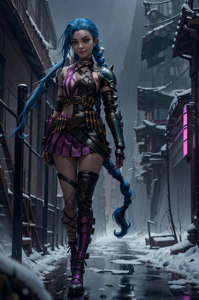 jinxlol, (full bodyesbian, Legs and shoes are visible: 1.2)), jinx \(league of legends\), (1girl、League of Legends Jinx), ((Very long double ponytail, dark-blue hair,)) Kungfu, ((Wearing golden futuristic technology titanium alloy armor: 1.5，head to toe，Crystal heels，standing on your feet))，(Handheld particle laser cannon，Revolver in hand)，((Battle Angel White Lolita Armor)), mouth open smile, Cute pose, striped lace stockings, (Heart shaped leg garters), (White mechanical armor plastic shoes: 1.2), ((Super detailed clothing and fashion)) , ((looking at you)), Aoshu crystal，Attack status，(Snowy mountain woods，surrounded by rain，League of Legends Game World)，Illustration style，The whole body is exposed to the rain for a long time，(exquisite facial features，Perfect hand features)，martial arts style，(selective focus，full body shot of，tmasterpiece，ultra - detailed，Epic work，highest  quality，8k、in a panoramic view、first person perspective、Atmospheric perspective、UHD、tmasterpiece、acurate、anatomy correct、textureskin、high detal、Award-Awarded、best qualtiy)、gaming character、jinxlol