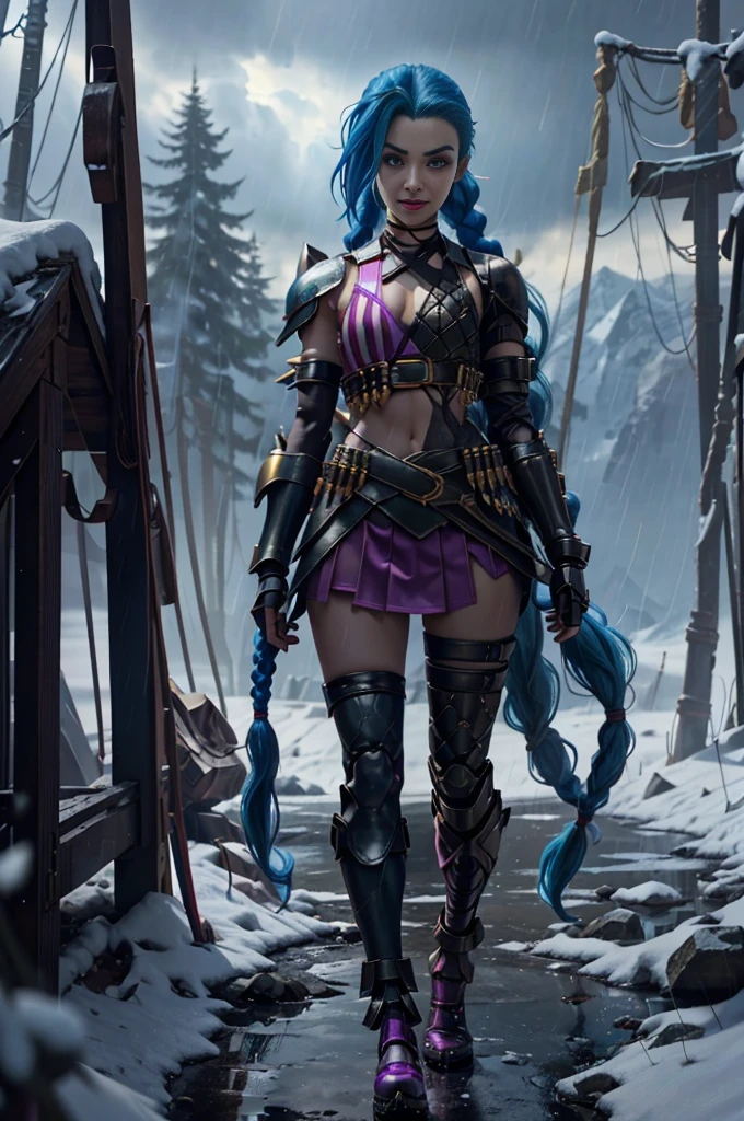 jinxlol, (full bodyesbian, Legs and shoes are visible: 1.2)), jinx \(league of legends\), (1girl、League of Legends Jinx), ((Very long double ponytail, dark-blue hair,)) Kungfu, ((Wearing golden futuristic technology titanium alloy armor: 1.5,head to toe,Crystal heels,standing on your feet)),(Handheld particle laser cannon,Revolver in hand),((Battle Angel White Lolita Armor)), mouth open smile, Cute pose, striped lace stockings, (Heart shaped leg garters), (White mechanical armor plastic shoes: 1.2), ((Super detailed clothing and fashion)) , ((looking at you)), Aoshu crystal,Attack status,(Snowy mountain woods,surrounded by rain,League of Legends Game World),Illustration style,The whole body is exposed to the rain for a long time,(exquisite facial features,Perfect hand features),martial arts style,(selective focus,full body shot of,tmasterpiece,ultra - detailed,Epic work,highest quality,8k、in a panoramic view、first person perspective、Atmospheric perspective、UHD、tmasterpiece、acurate、anatomy correct、textureskin、high detal、Award-Awarded、best qualtiy)、gaming character、jinxlol