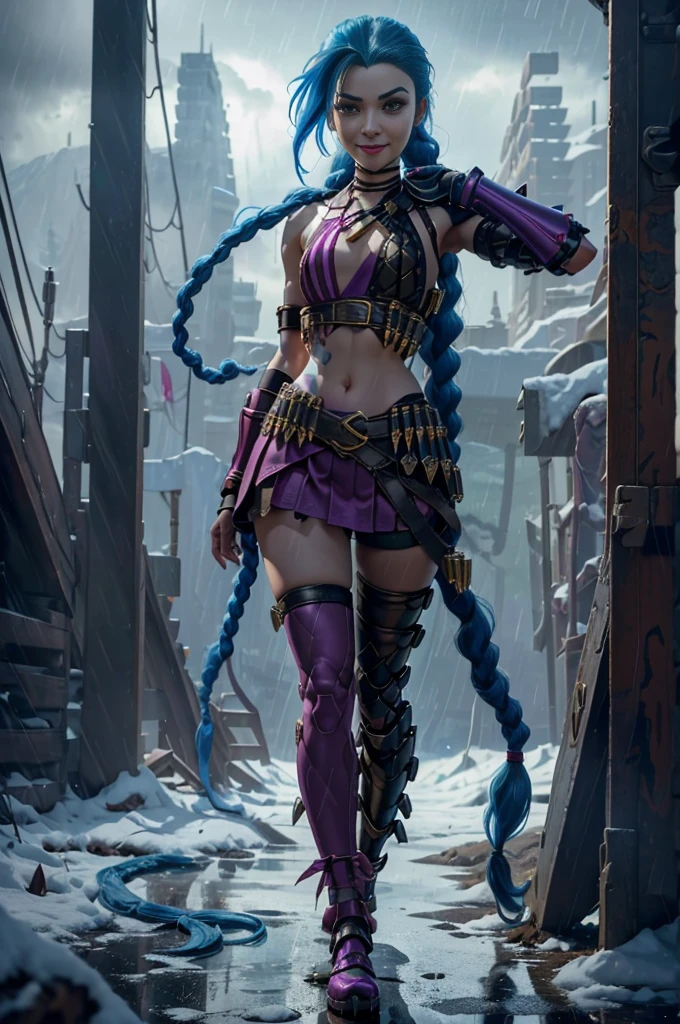 jinxlol, (full bodyesbian, Legs and shoes are visible: 1.2)), jinx \(league of legends\), (1girl、League of Legends Jinx), ((Very long double ponytail, dark-blue hair,)) Kungfu, ((Wearing golden futuristic technology titanium alloy armor: 1.5，head to toe，Crystal heels，standing on your feet))，(Handheld particle laser cannon，Revolver in hand)，((Battle Angel White ta Armor)), mouth open smile, Cute pose, striped lace stockings, (Heart shaped leg garters), (White mechanical armor plastic shoes: 1.2), ((Super detailed clothing and fashion)) , ((looking at you)), Aoshu crystal，Attack status，(Snowy mountain woods，surrounded by rain，League of Legends Game World)，Illustration style，The whole body is exposed to the rain for a long time，(exquisite facial features，Perfect hand features)，martial arts style，(selective focus，full body shot of，tmasterpiece，ultra - detailed，Epic work，highest  quality，8k、in a panoramic view、first person perspective、Atmospheric perspective、UHD、tmasterpiece、acurate、anatomy correct、textureskin、high detal、Award-Awarded、best qualtiy)、gaming character、jinxlol