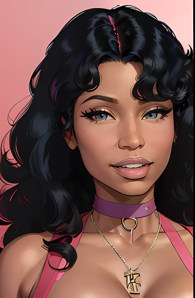 (Nicki Minaj), Best quality, 4k, High Resolution, masterpiece, portrait, 1 girl, curly black hair with bangs, hazel eyes, smiling, dark skin