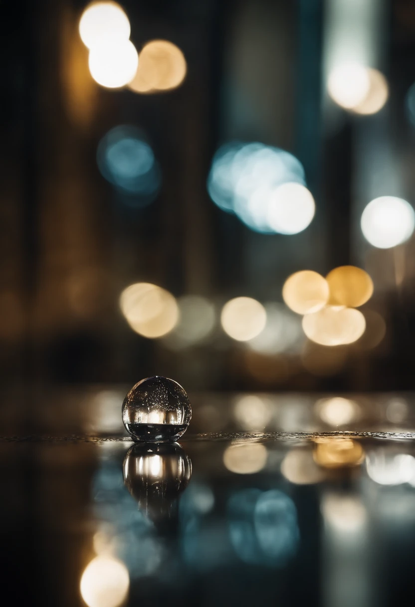 A macro shot a tiny rain drop about to hit the concrete, a reflection of a downtown street at night shines in the raindrop, shallow depth of field, photorealistic