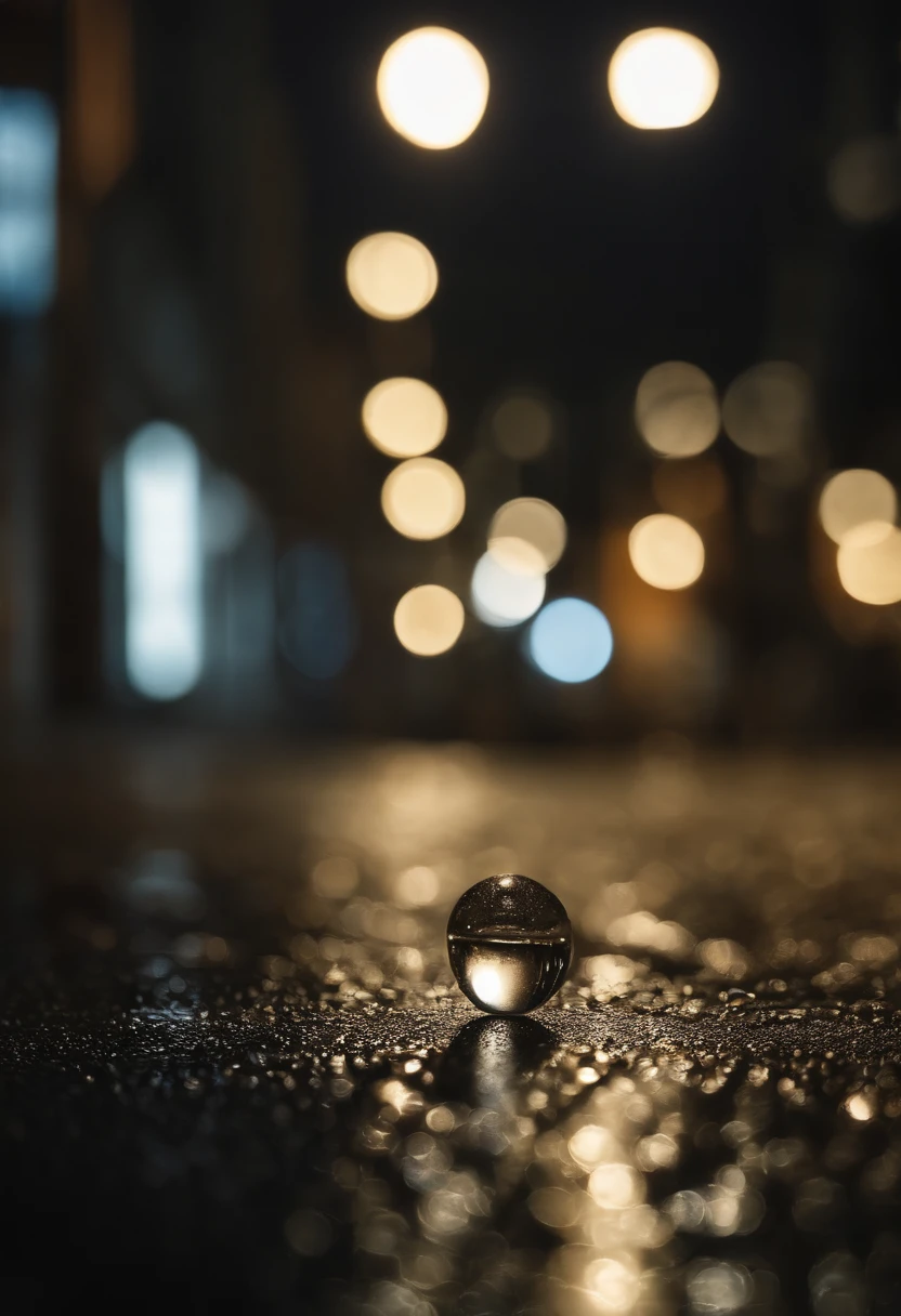 A macro shot a tiny rain drop about to hit the concrete, a reflection of a downtown street at night shines in the raindrop, shallow depth of field, photorealistic