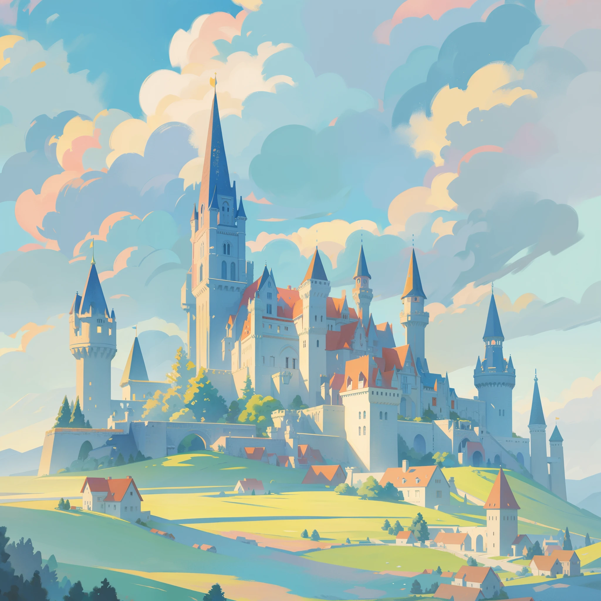 picture book illustration, watercolor storybook illustration, princess castle, fairytale castle, fairytale towers, clouds, vibrant pastel colors, dream, colorful, whimsical, magical, masterpiece, best quality, sharp focus, intricately detailed environment, fine detail, 8k resolution