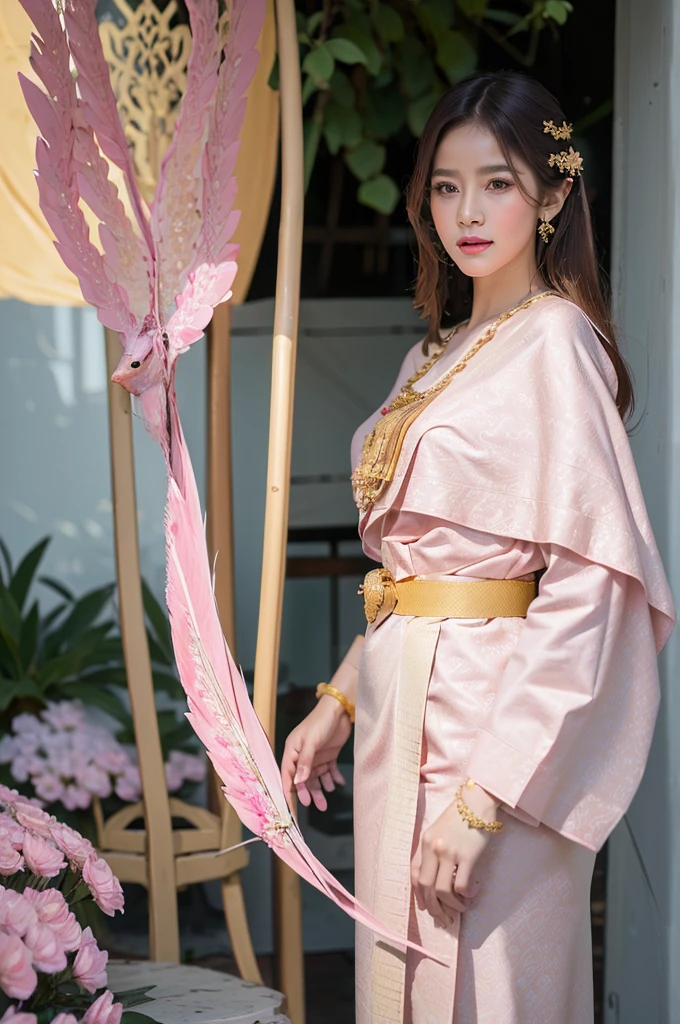 (Realistic),(master-piece:1.2), (bestquality:1.2),looking at the audience,(((See the whole body..))), Beauty Girl, Body proportion, large boobs. breast augmentation, long shot, (Comfortable pink),(jewelry:1.1),long-haired, (Golden Bird Pattern)
, Traditional Thai costume ,Complete jewelry
