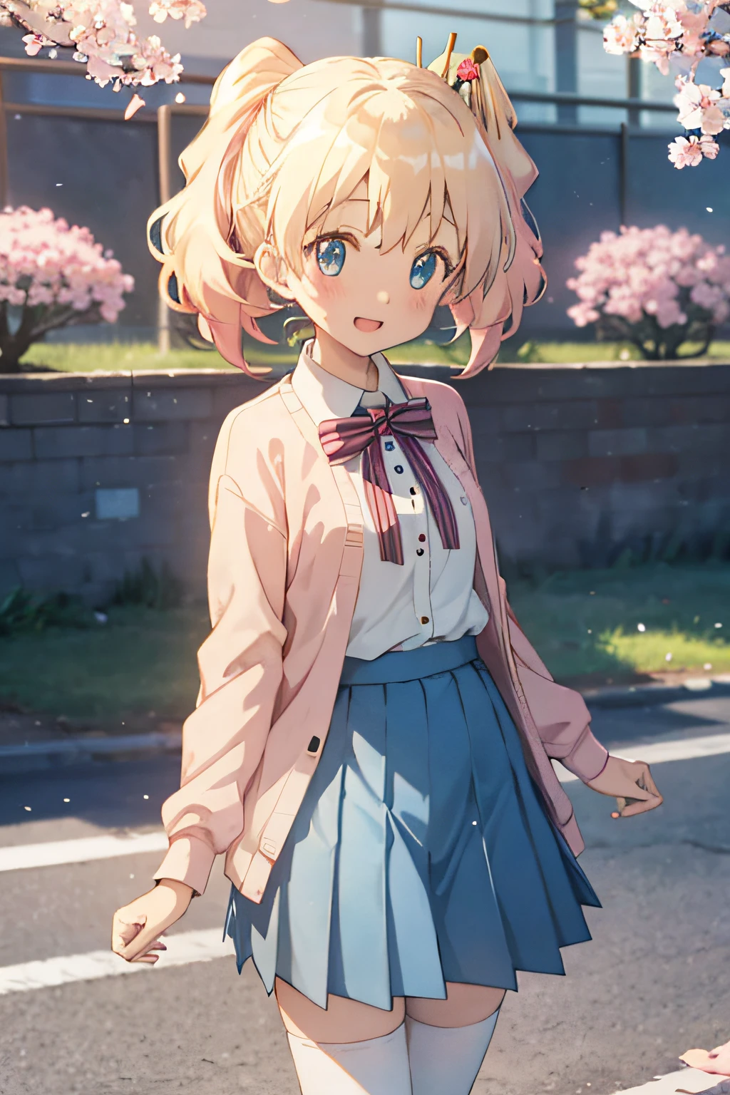 alice cartelet, white thighhighs, cardigan, open cardigan, striped bow, hair ornament, blue pleated skirt, white collared shirt, outdoors, cherry blossoms, cowboy shot, smile, looking at viewer, open mouth,