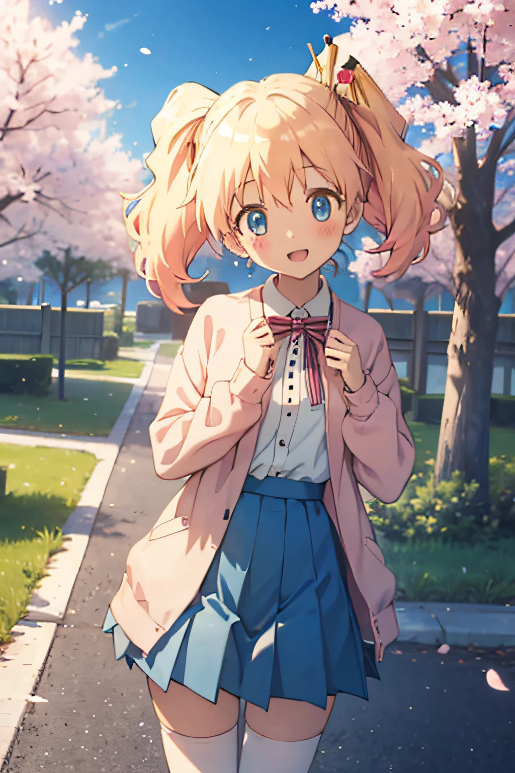 alice cartelet, white thighhighs, cardigan, open cardigan, striped bow, hair ornament, blue pleated skirt, white collared shirt, outdoors, cherry blossoms, cowboy shot, smile, looking at viewer, open mouth,